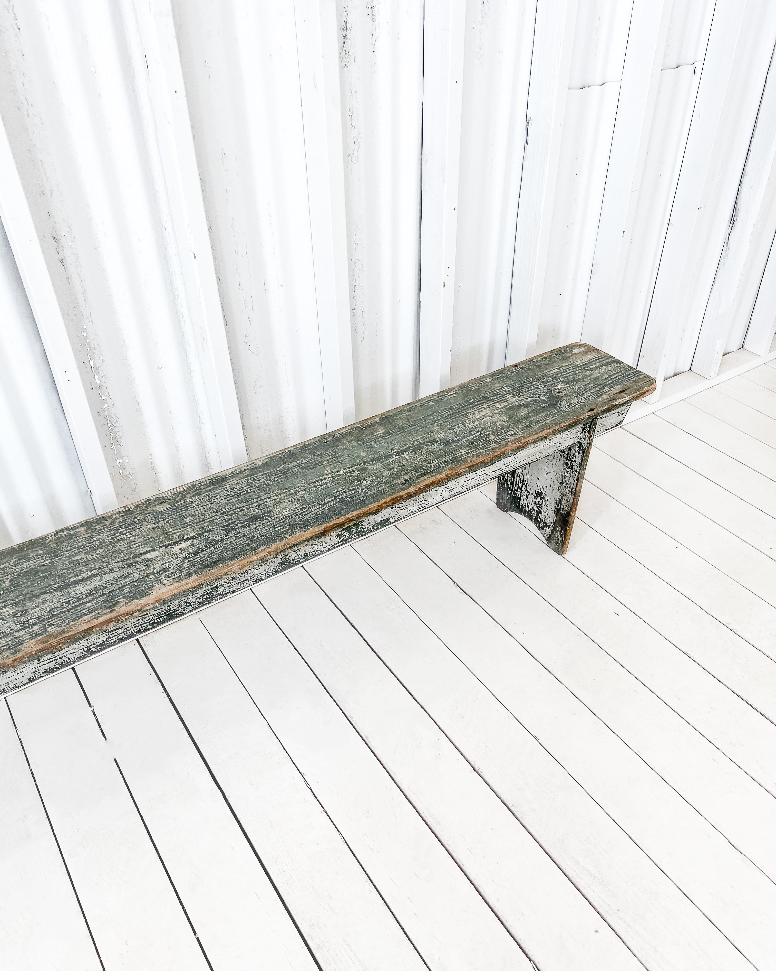 Hardwood Antique Primitive Green Bench For Sale