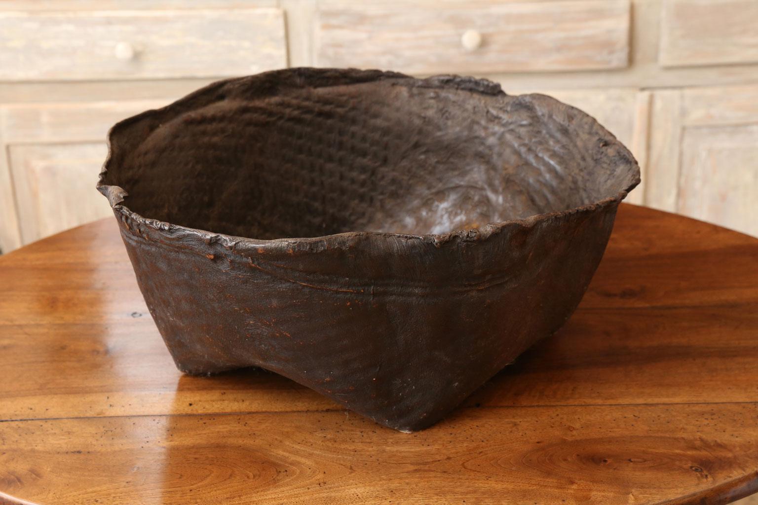 Hand-Crafted Antique Primitive Hide Basket