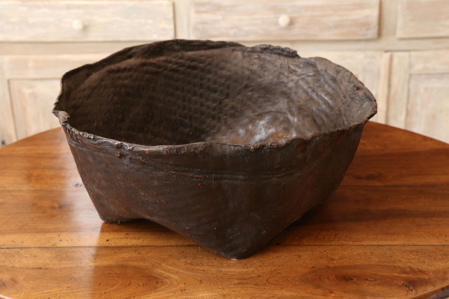 Antique Primitive Hide Basket In Good Condition In Houston, TX
