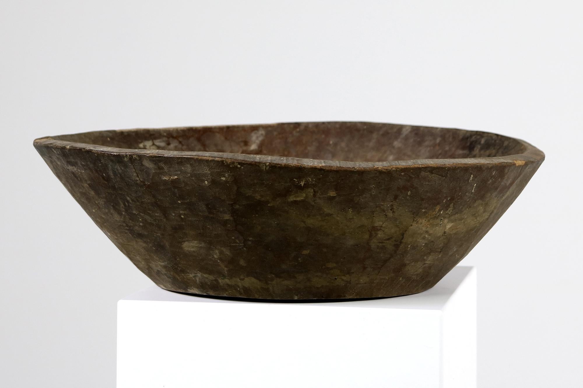 Antique Indian Naga Bowl, Old Solid Wood, Natural Rustic, Wabisabi 1