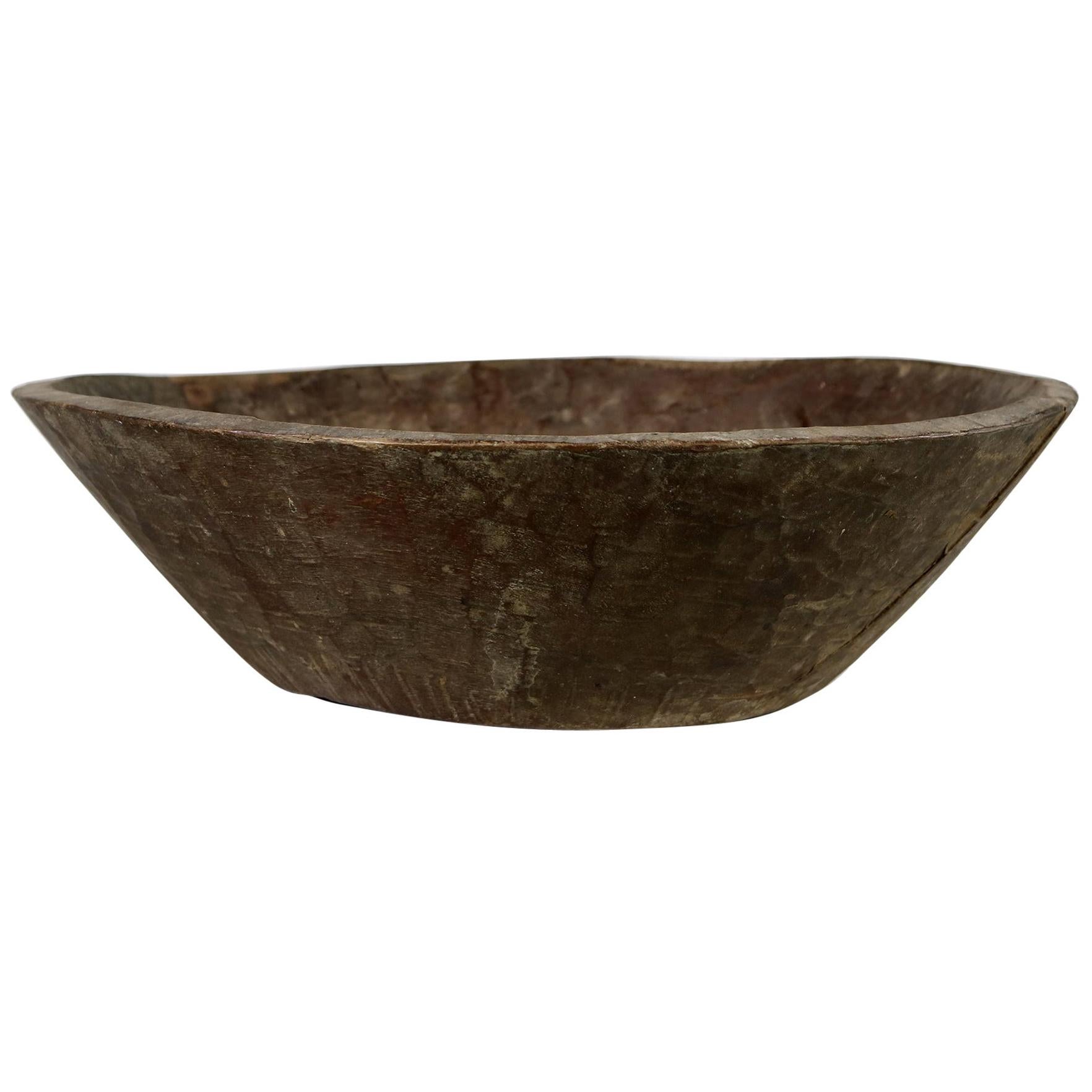 Antique Indian Naga Bowl, Old Solid Wood, Natural Rustic, Wabisabi