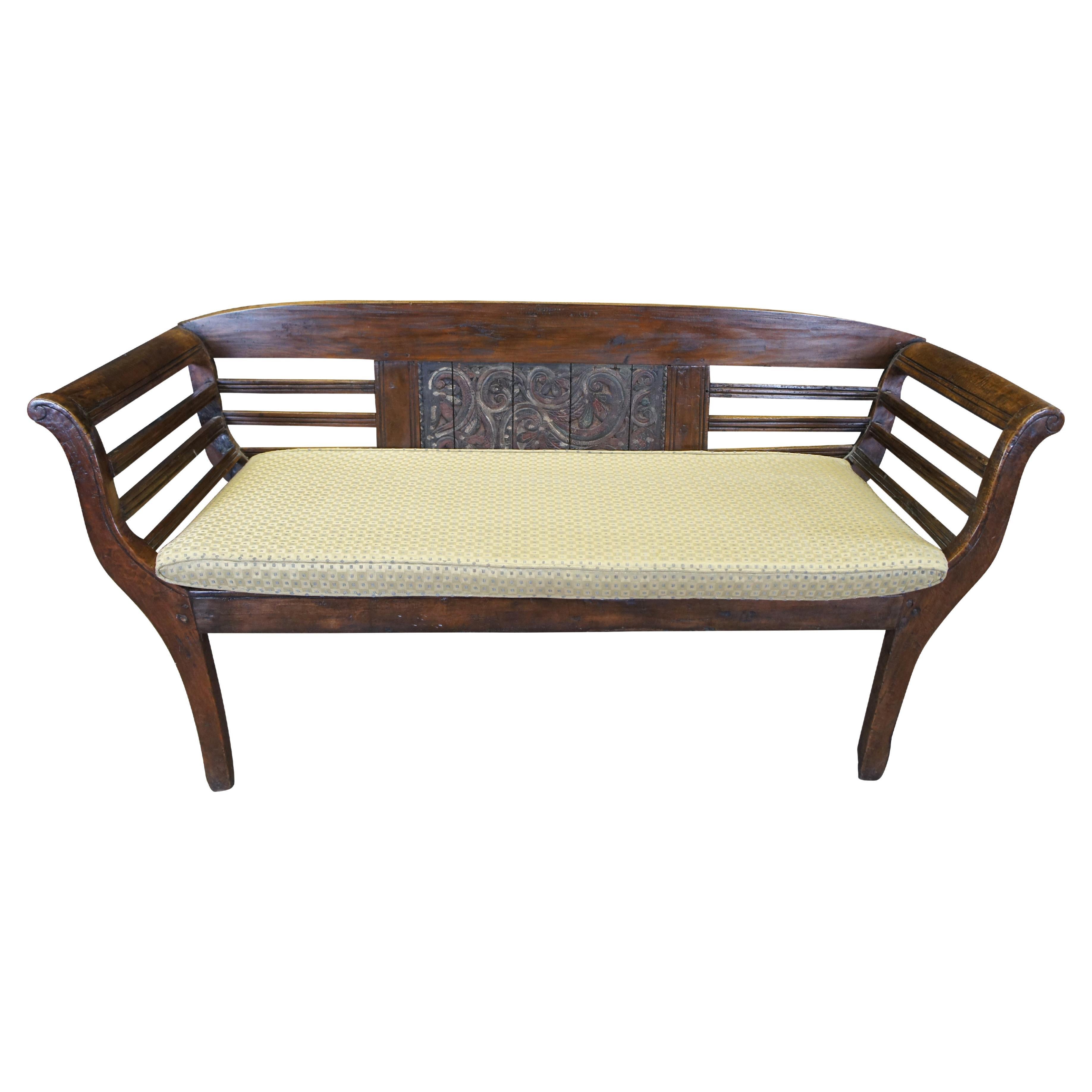 Indonesian Carved Teak Wood Farmhouse Hall Entry Bench 65" For Sale