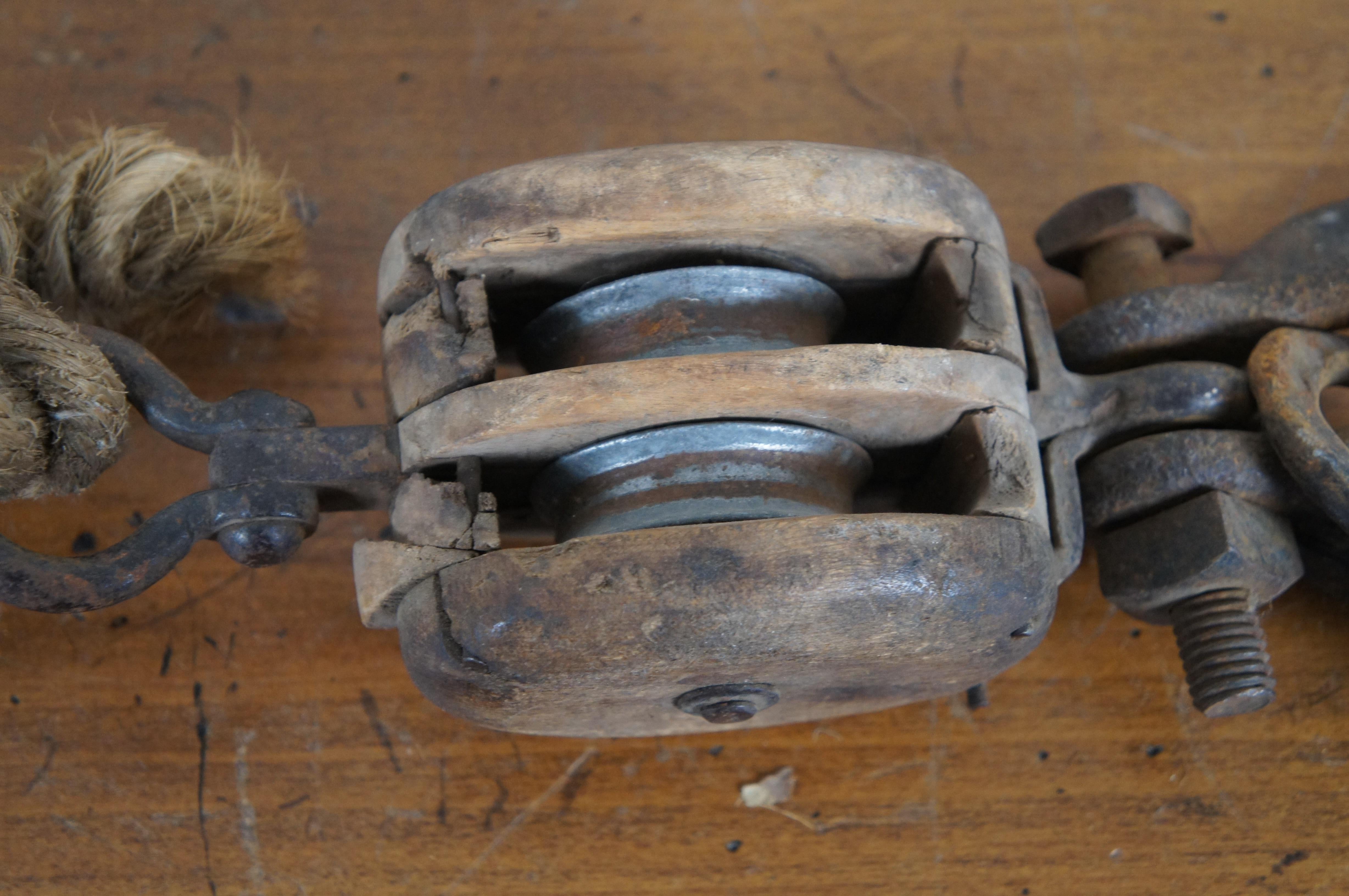 Antique Primitive Industrial Cast Iron & Wood Block Double Pulley Hook 16