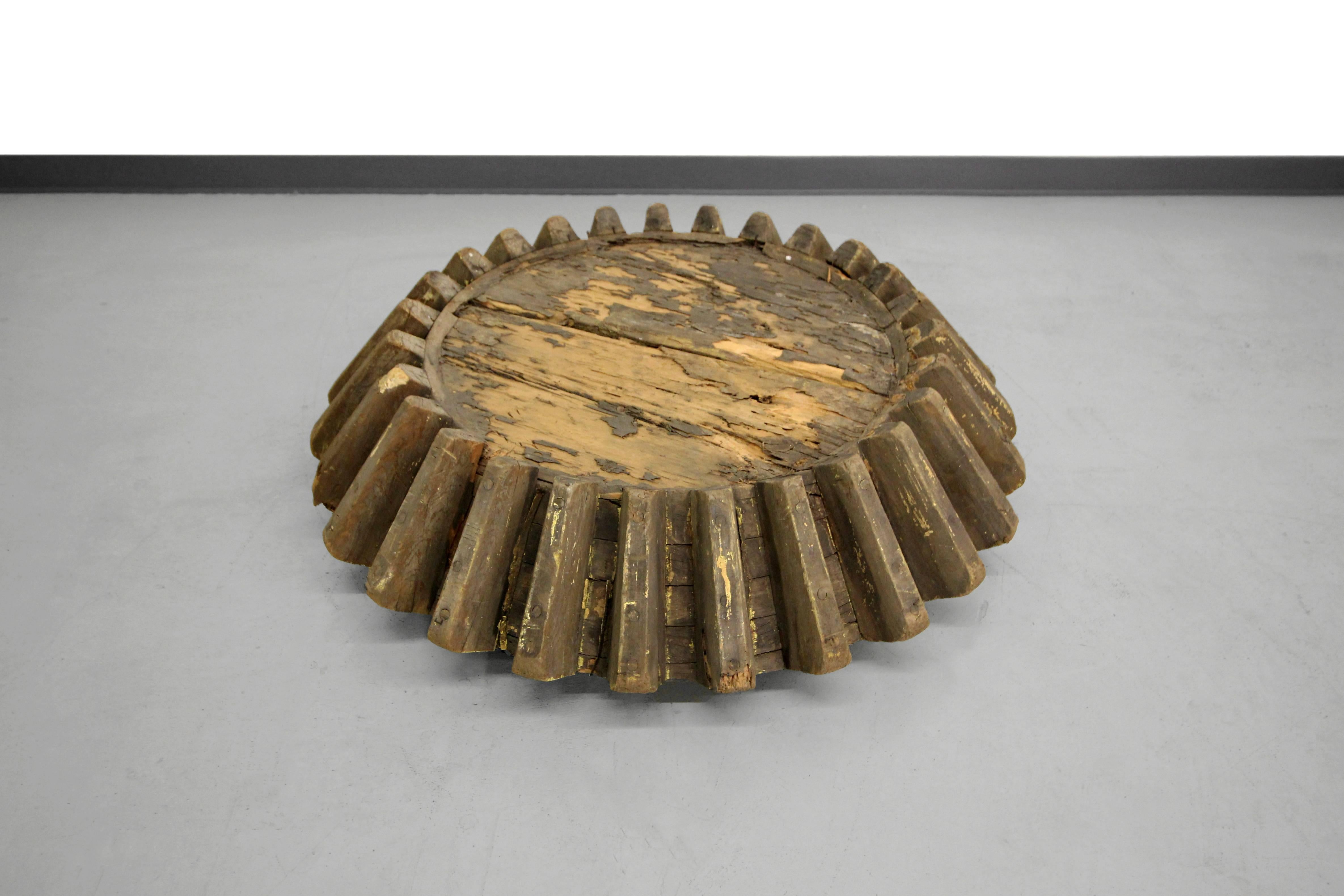 Antique Primitive Industrial Folk Art Wooden Gear Table 2