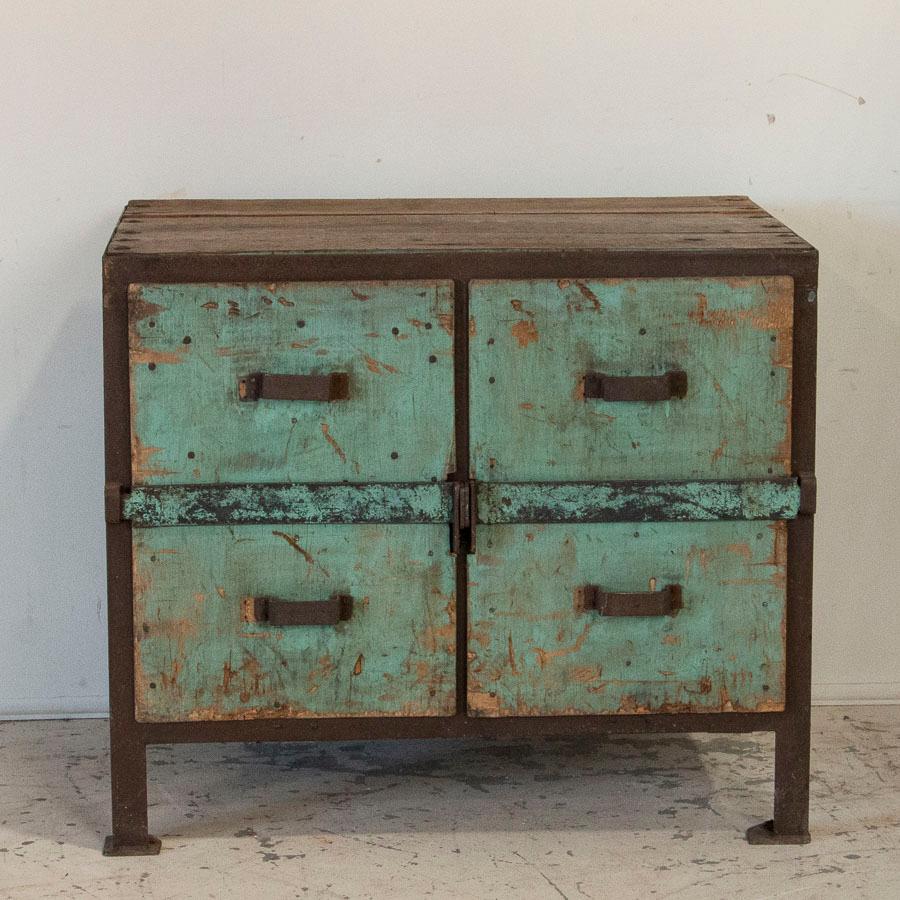 Hungarian Antique Primitive Industrial Work Table With Original Painted Green Drawers