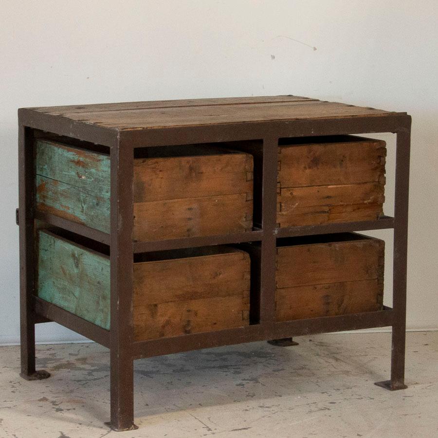Antique Primitive Industrial Work Table With Original Painted Green Drawers In Good Condition In Round Top, TX