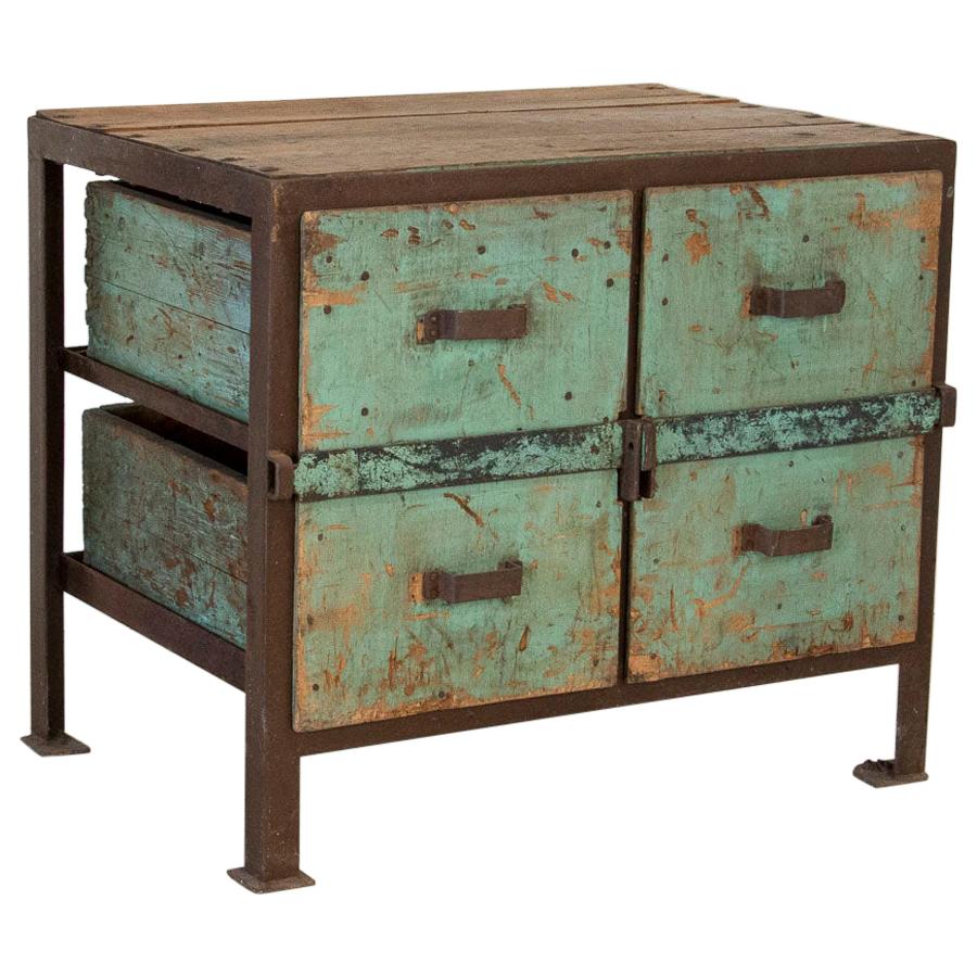 Antique Primitive Industrial Work Table With Original Painted Green Drawers
