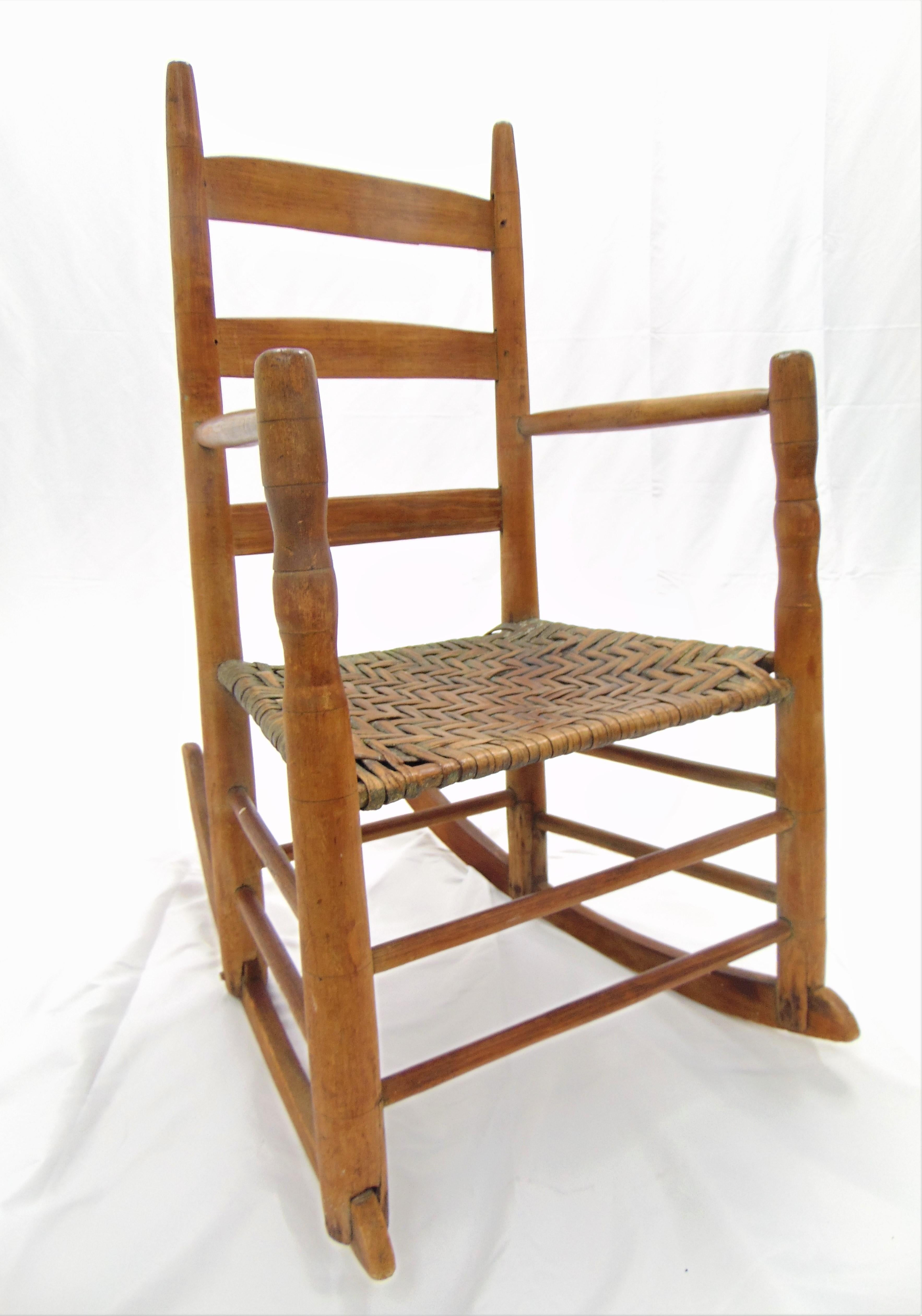 Antique Primitive Ladder Back Rocking Chair with Splint Seat Early 19th Century For Sale 6