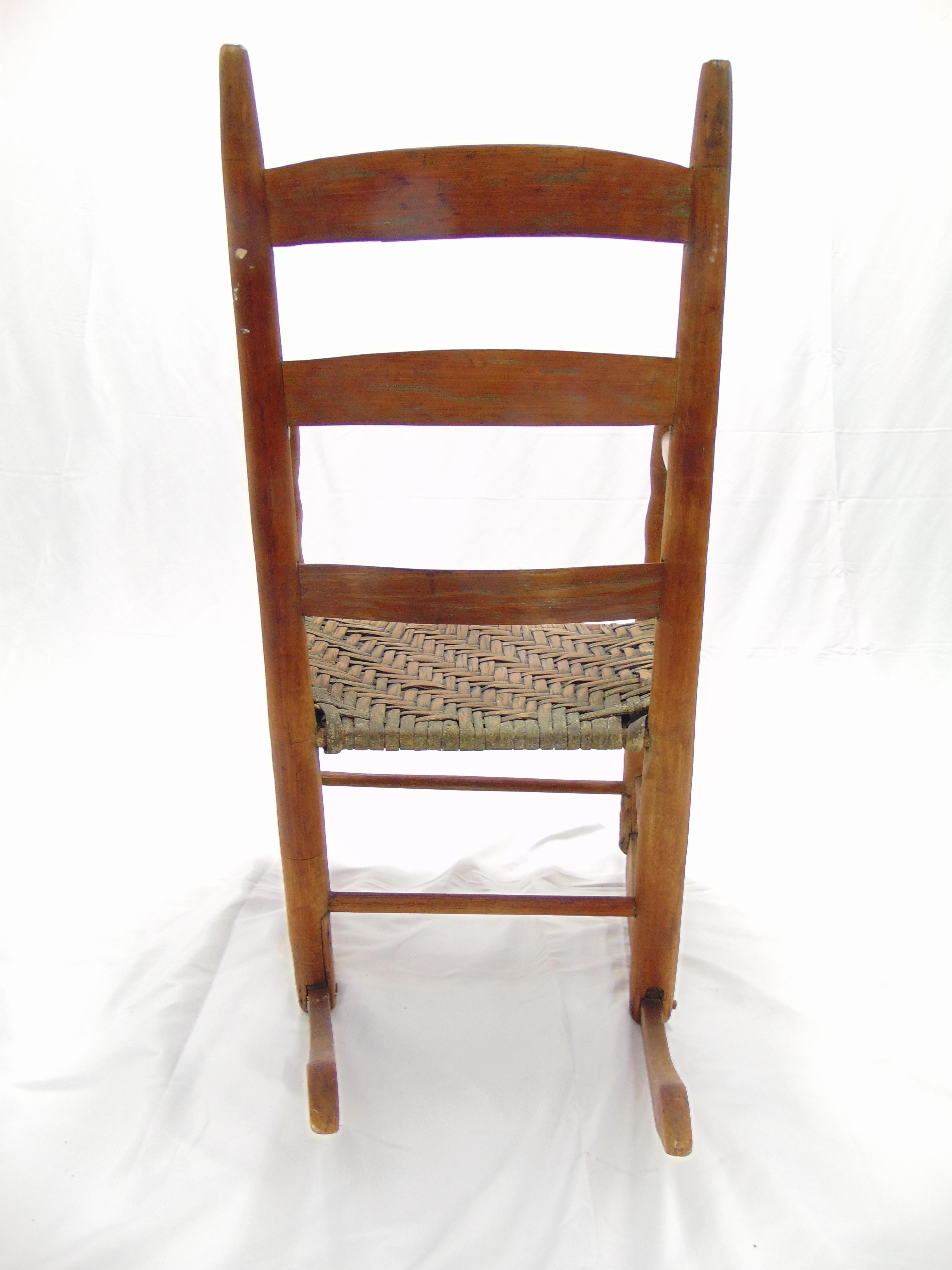 Antique Primitive Ladder Back Rocking Chair with Splint Seat Early 19th Century For Sale 9