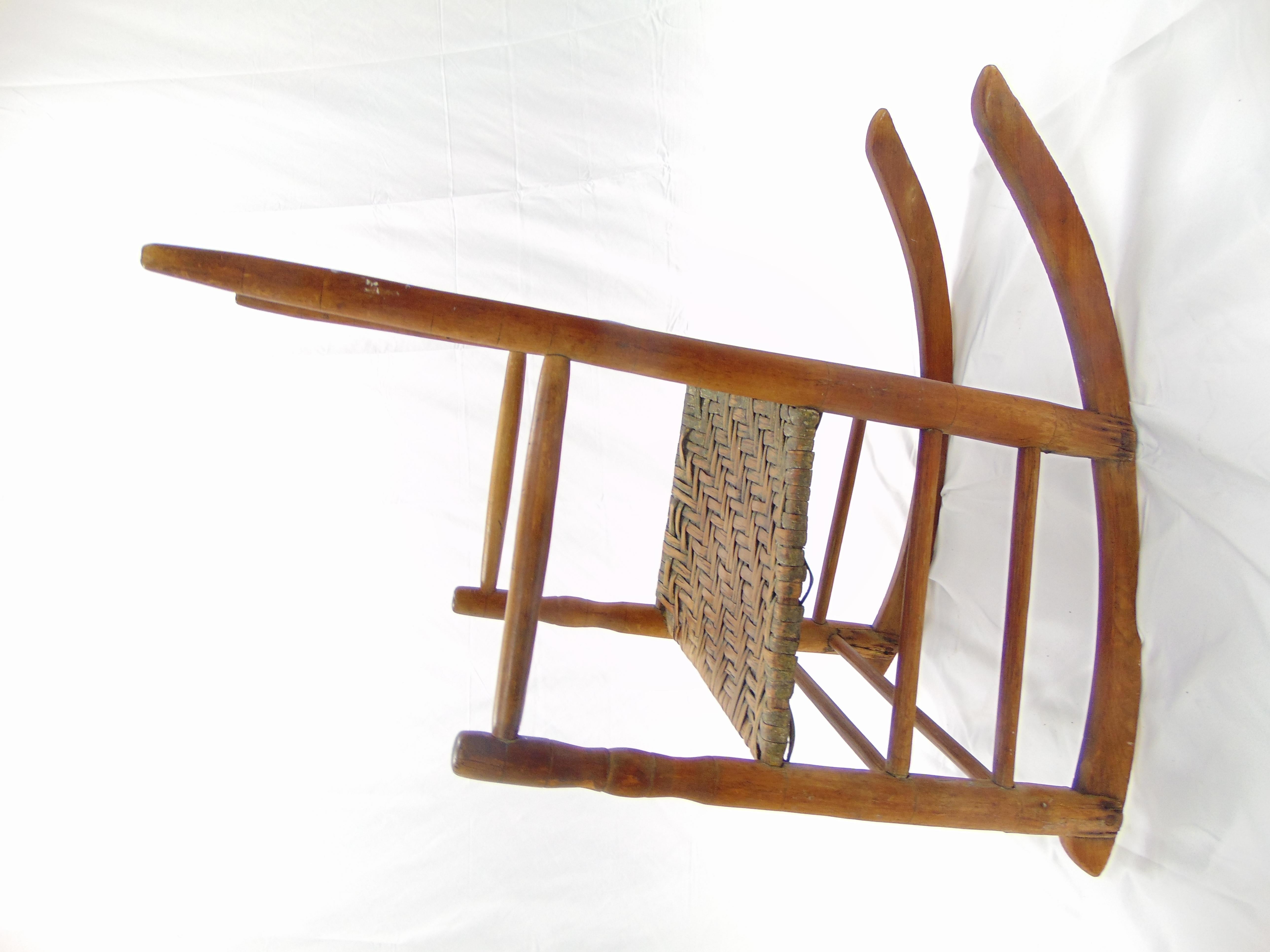 Antique Primitive Ladder Back Rocking Chair with Splint Seat Early 19th Century For Sale 11