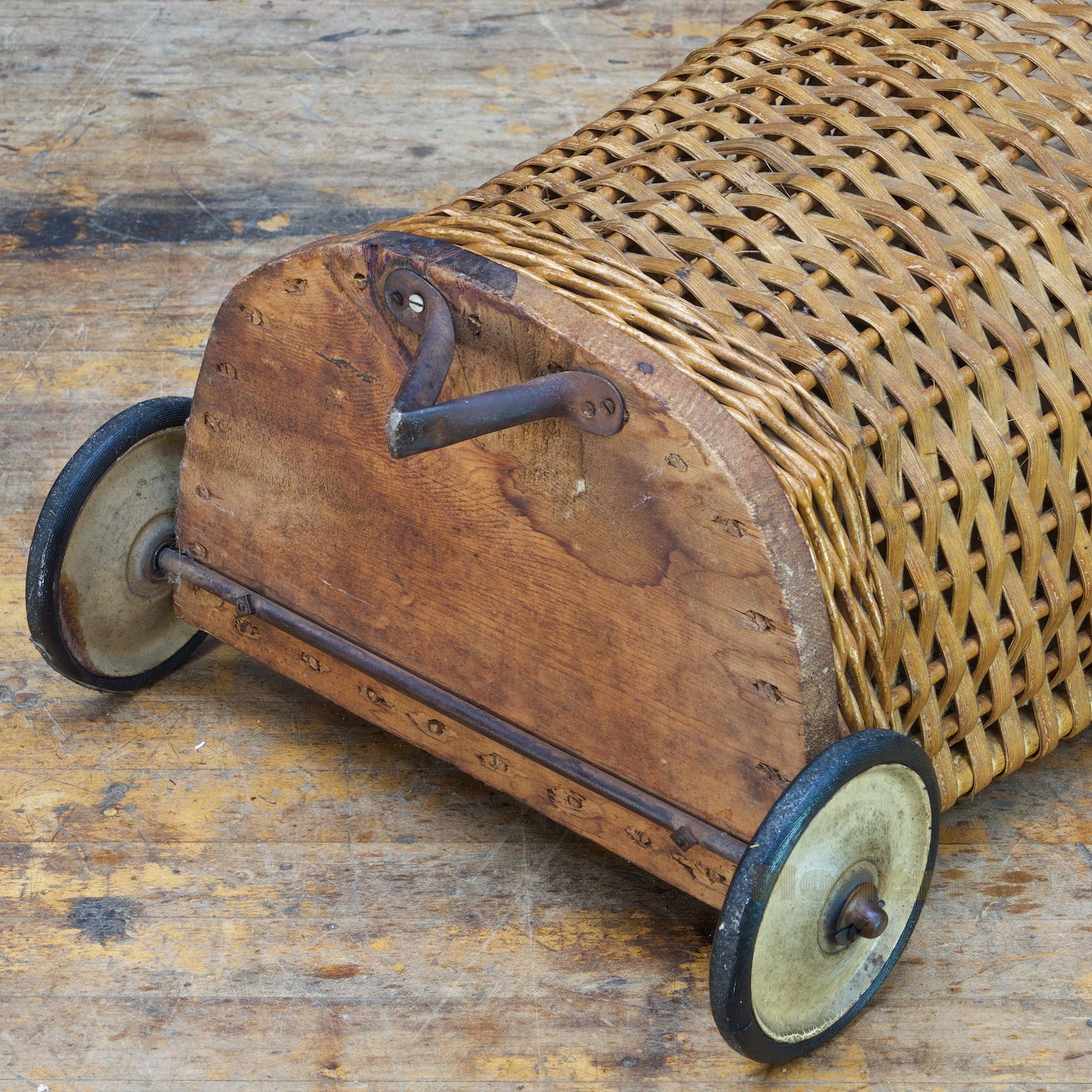 20th Century Antique Market Wicker Rolling Cart Basket Farmhouse Relic Woven For Sale