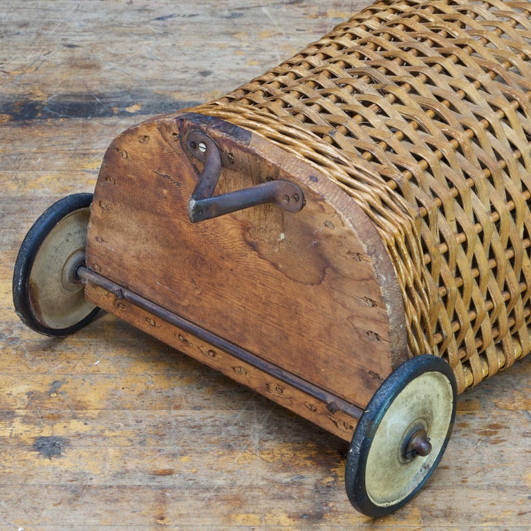 Antique Primitive Market Wicker Rolling Cart Basket For Sale at 1stdibs