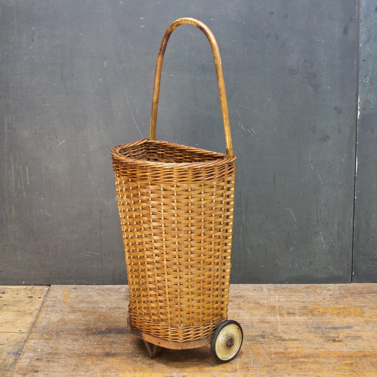 Antique Market Wicker Rolling Cart Basket Farmhouse Relic Woven For Sale at 1stDibs