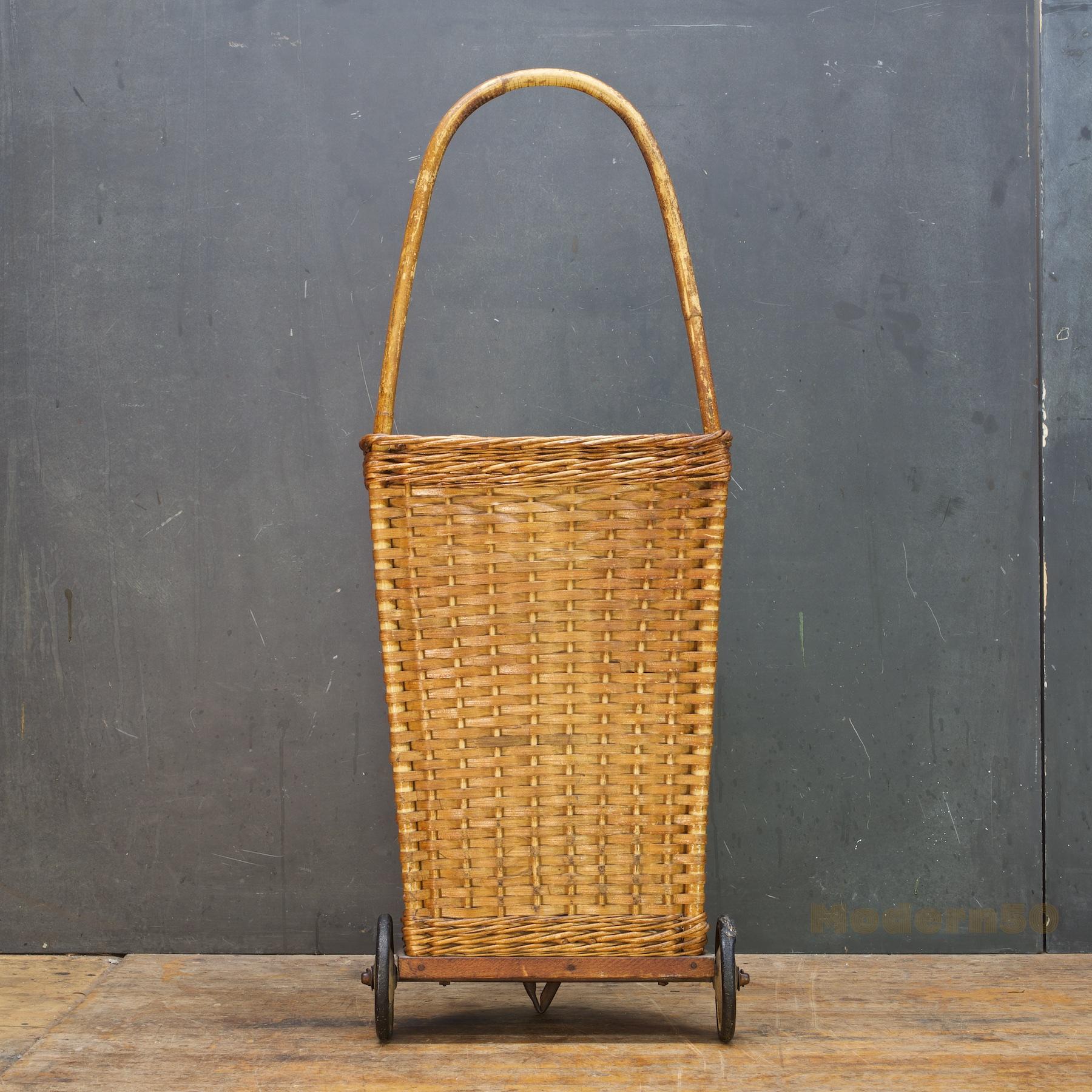 American Craftsman Antique Market Wicker Rolling Cart Basket Farmhouse Relic Woven For Sale