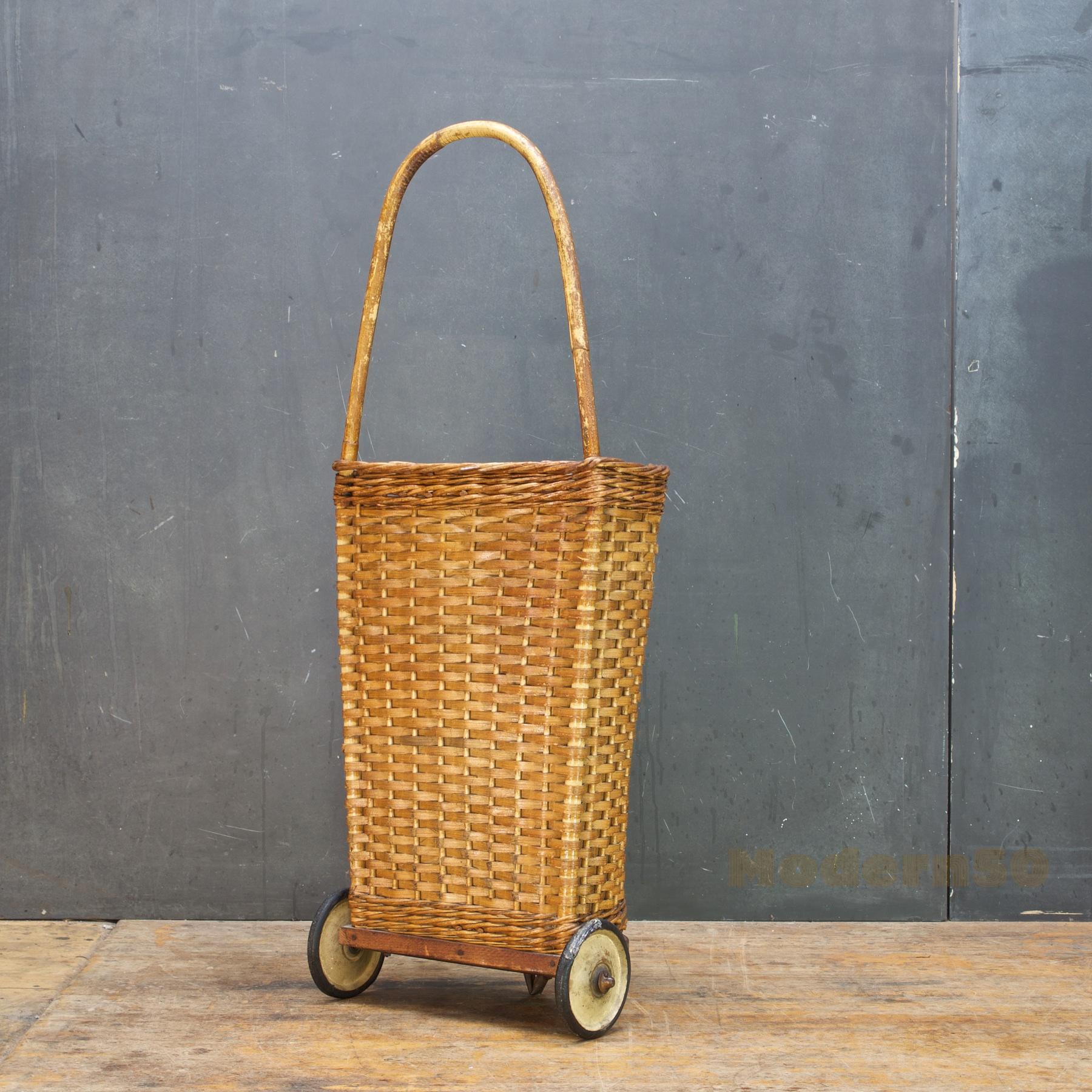 American Antique Market Wicker Rolling Cart Basket Farmhouse Relic Woven For Sale