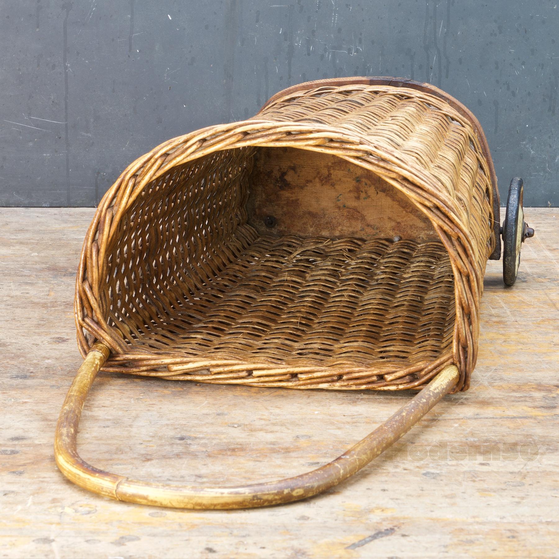 Oiled Antique Market Wicker Rolling Cart Basket Farmhouse Relic Woven For Sale