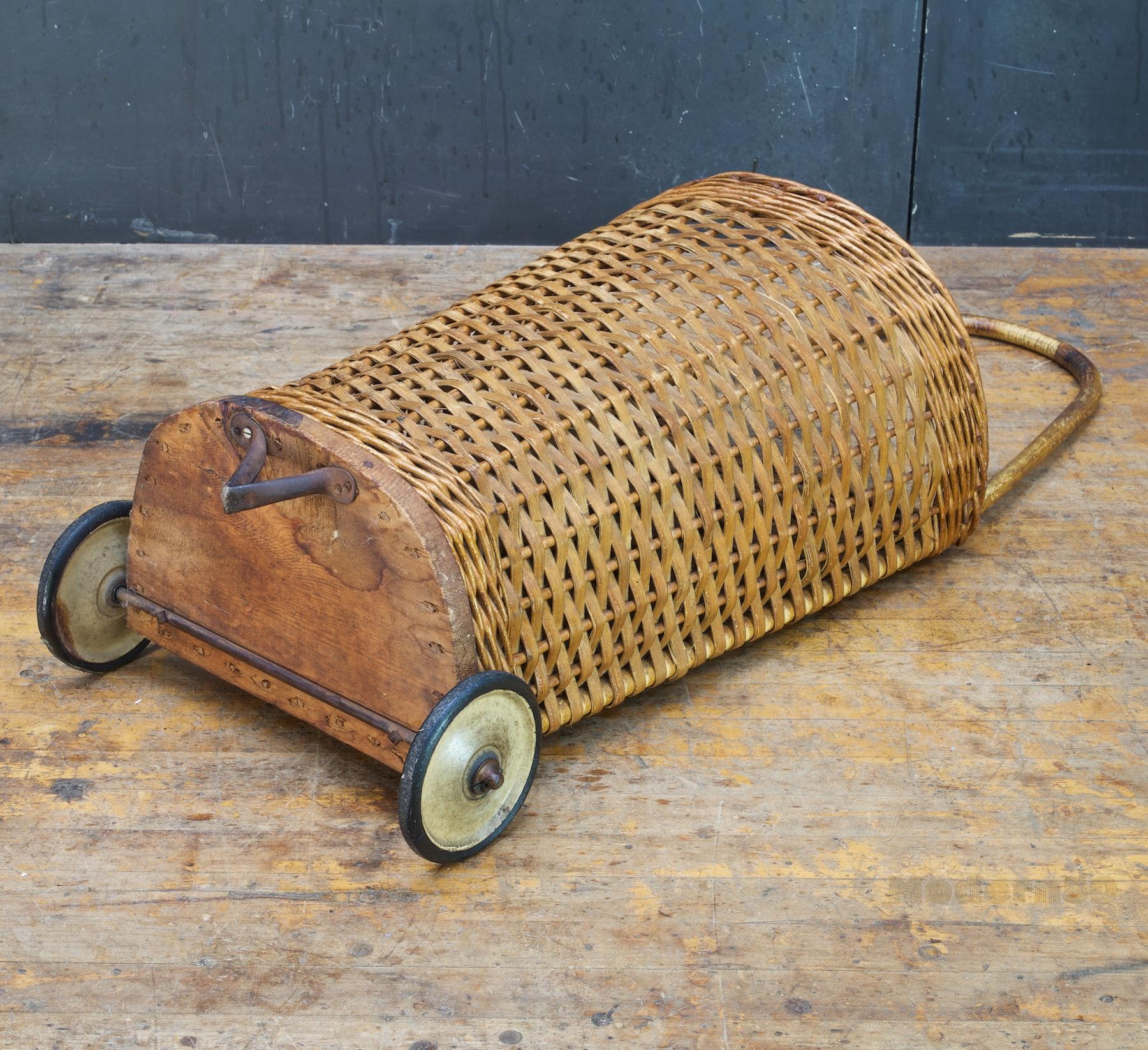 Antique Market Wicker Rolling Cart Basket Farmhouse Relic Woven In Distressed Condition For Sale In Hyattsville, MD