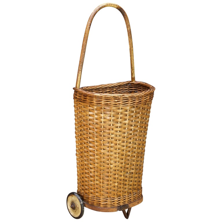 Antique Primitive Market Wicker Rolling Cart Basket For Sale at 1stdibs