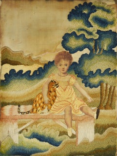 Antique Primitive Needlework of a Girl with a Cat, Dated 1815