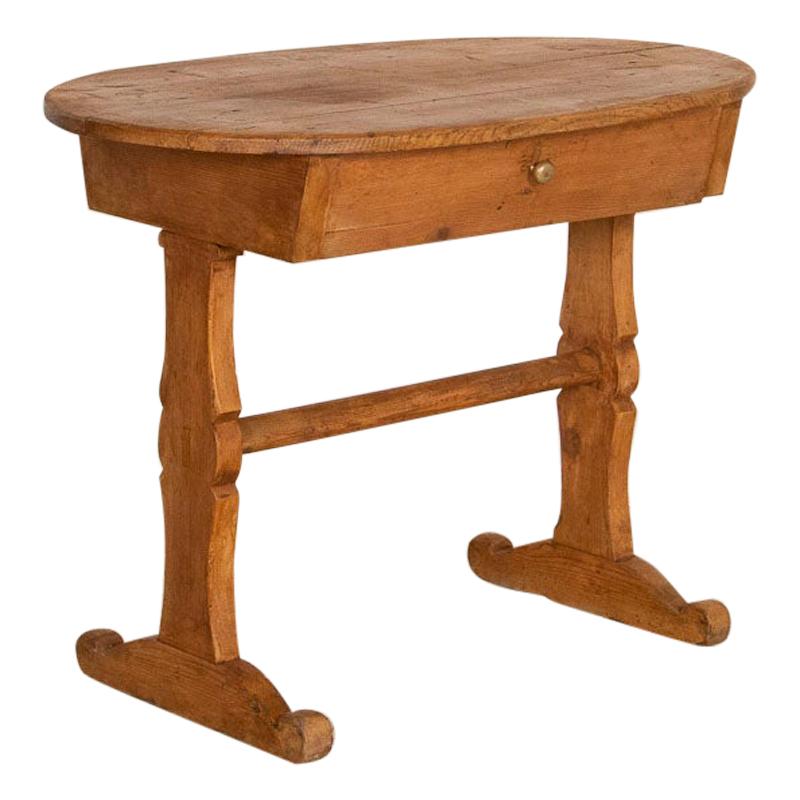 Antique Primitive Oval Pine Side Table with Single Drawer
