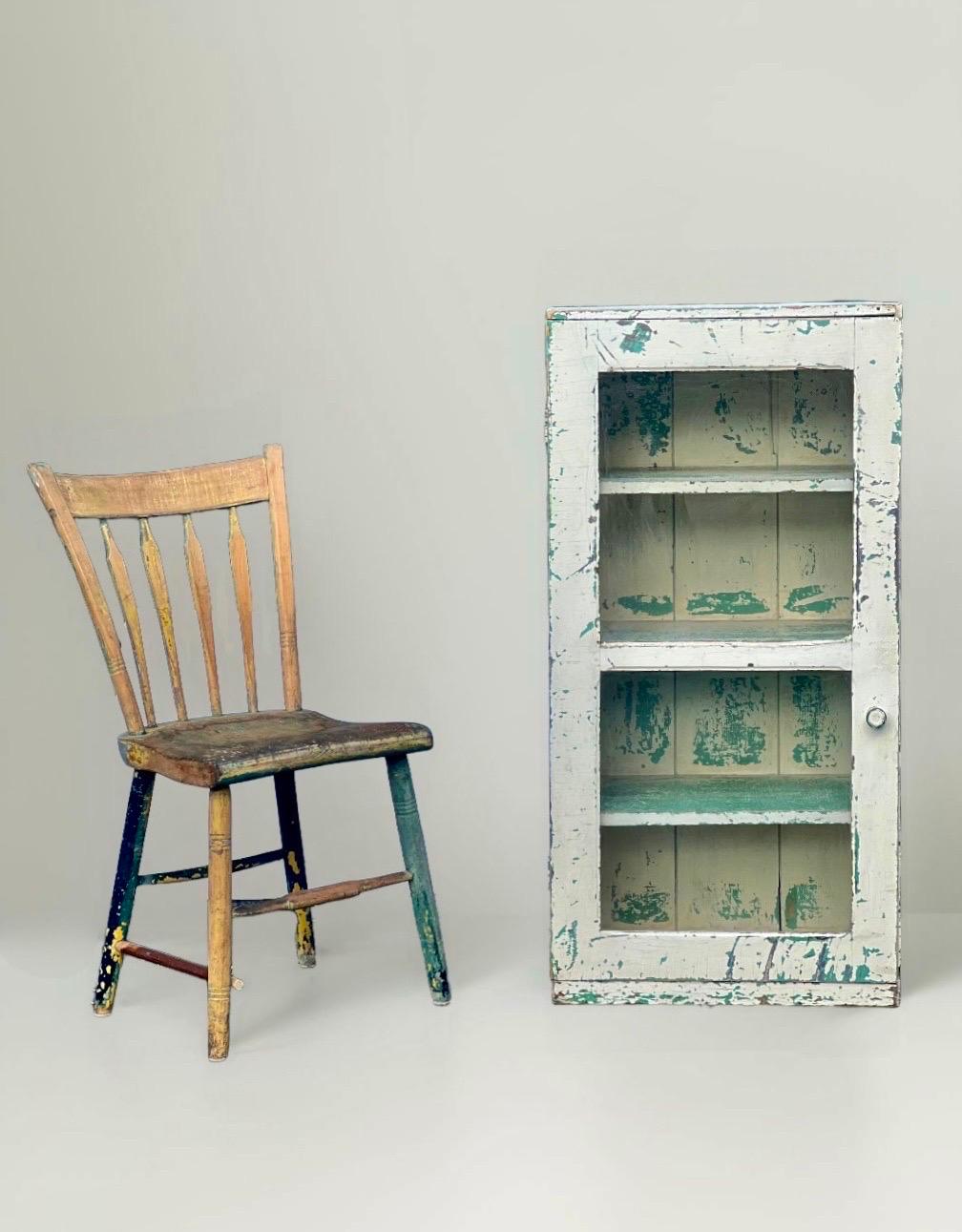 Antique Primitive Painted Wood Cupboard Cabinet with Glass Front Door 7