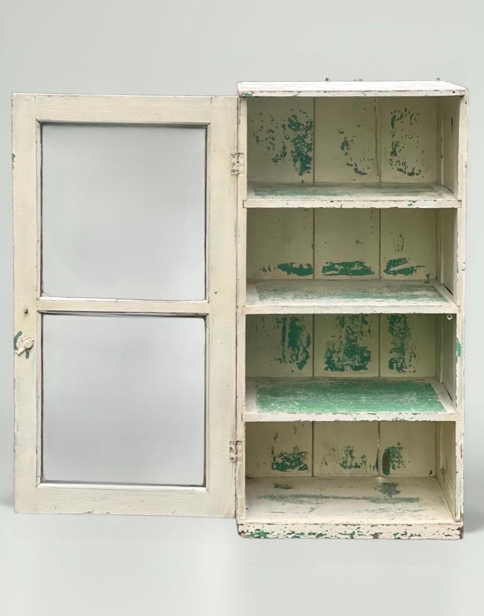 American Antique Primitive Painted Wood Cupboard Cabinet with Glass Front Door
