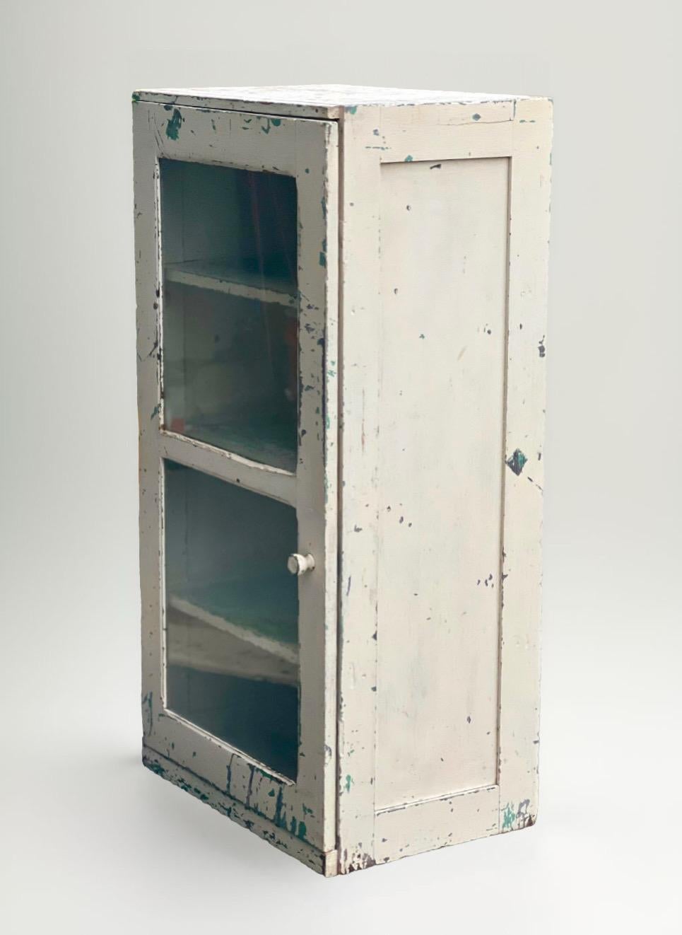 19th Century Antique Primitive Painted Wood Cupboard Cabinet with Glass Front Door