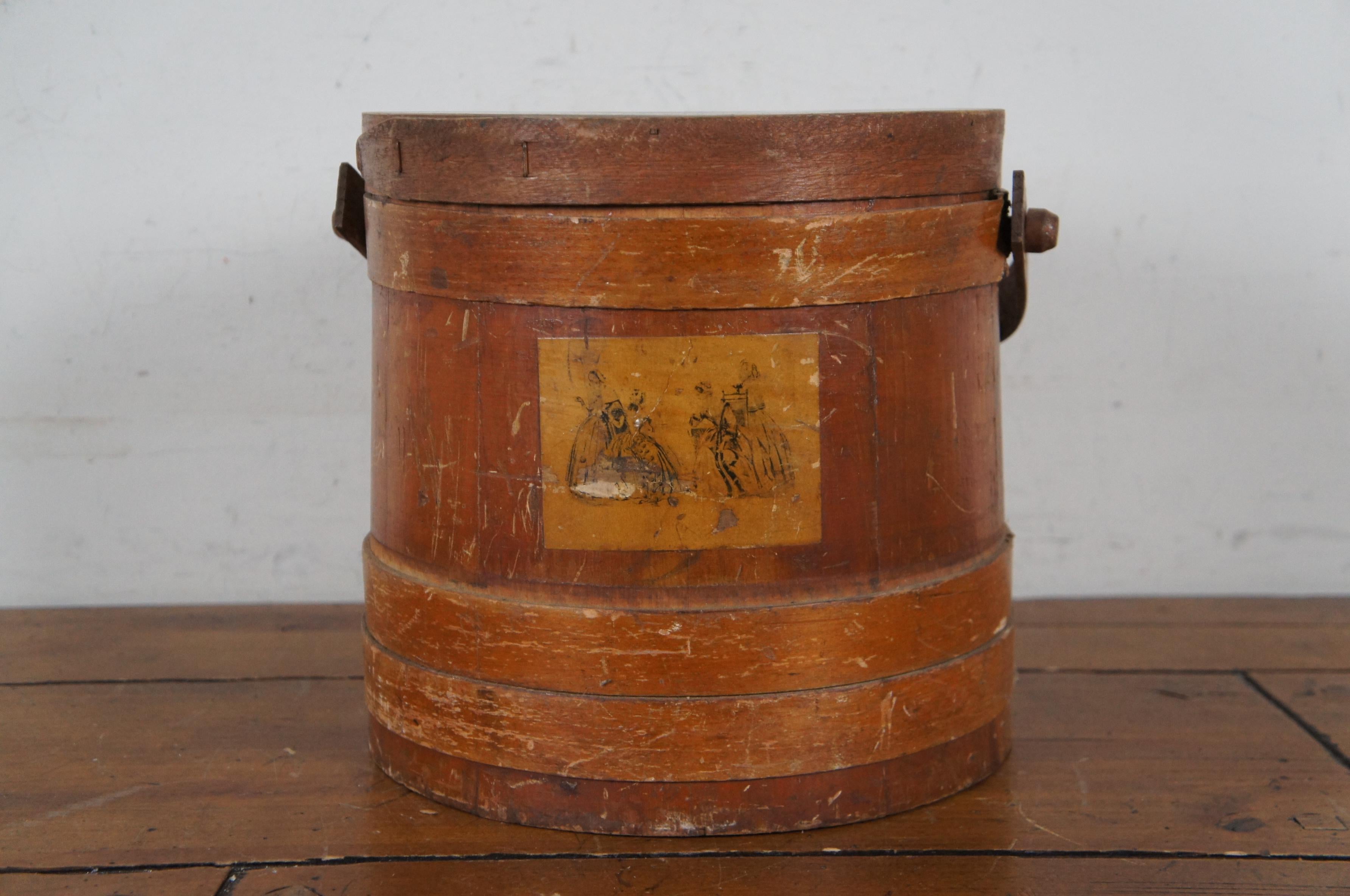 Antiguo cubo de madera curvada de pino con tapa de abeto de granja Cesta con tapa Bail 11