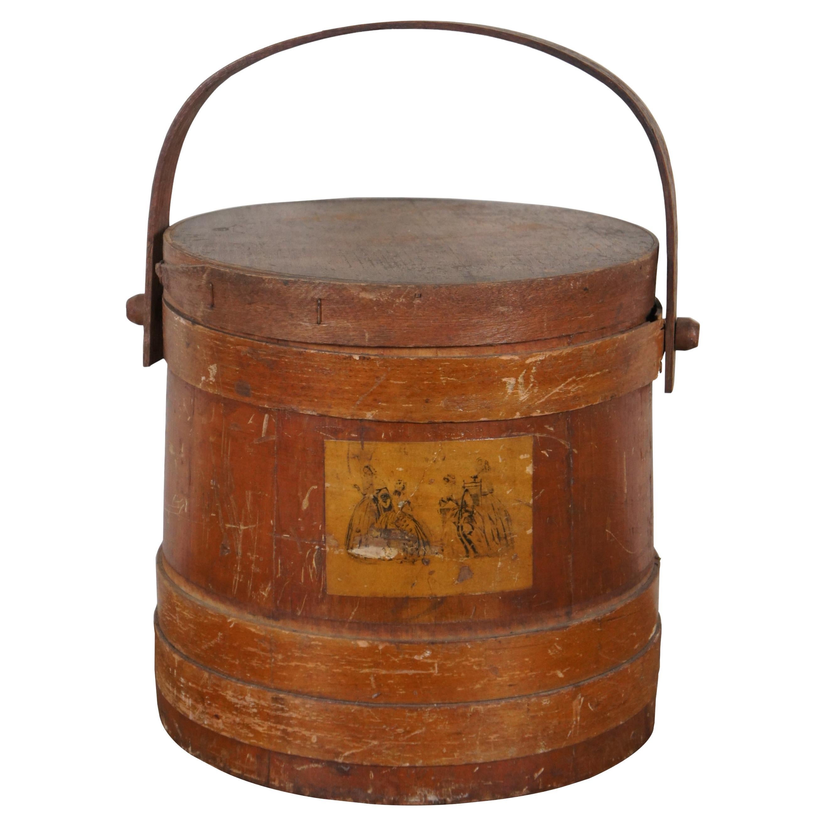 Antiguo cubo de madera curvada de pino con tapa de abeto de granja Cesta con tapa Bail 11" en venta