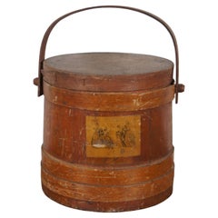 Antique Pine Bentwood Farmhouse Firkin Lidded Bucket Basket Bail 11"