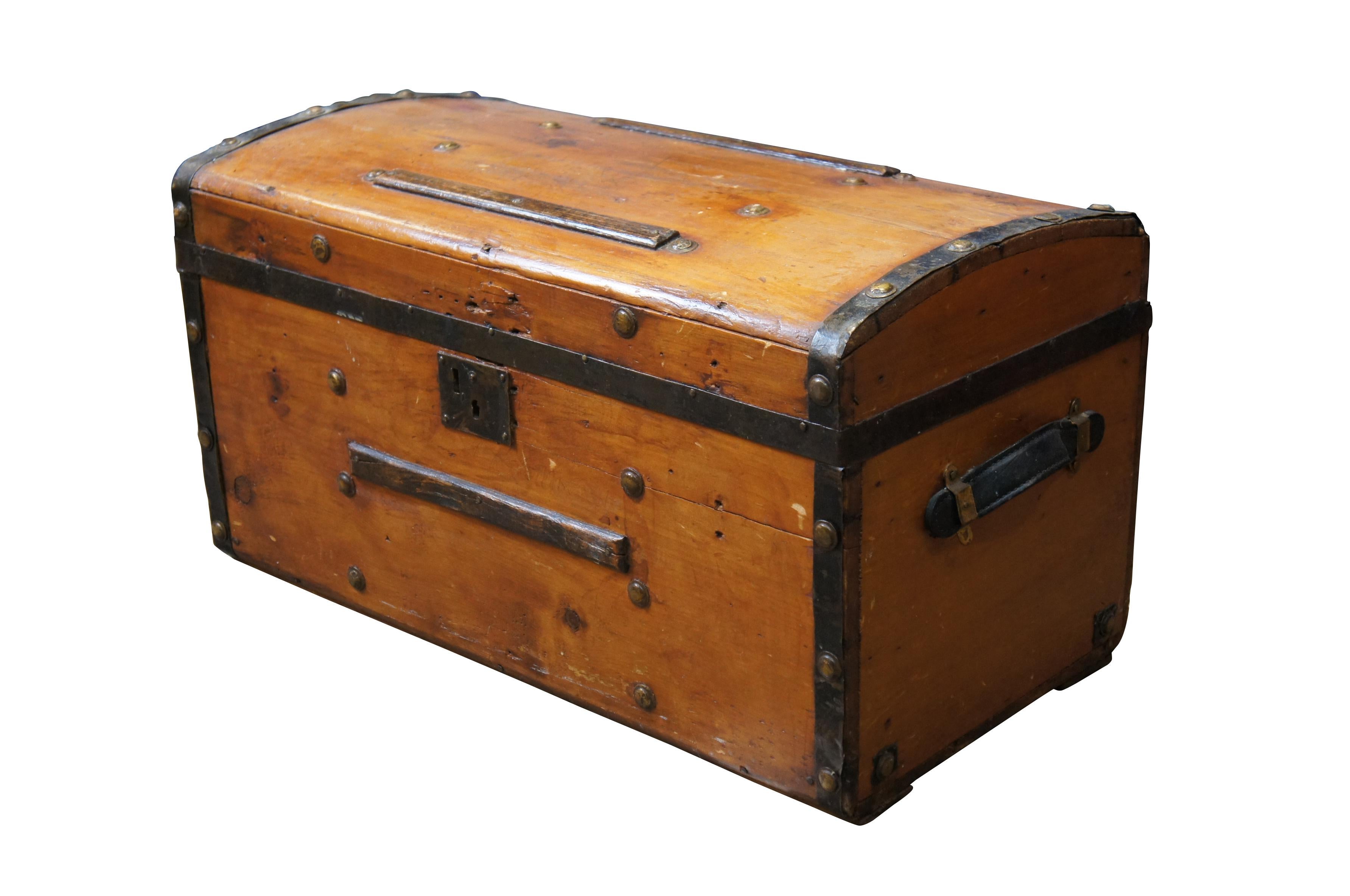 Antique Primitive Pine Iron Banded Studded Dome Top Storage Trunk Chest 26