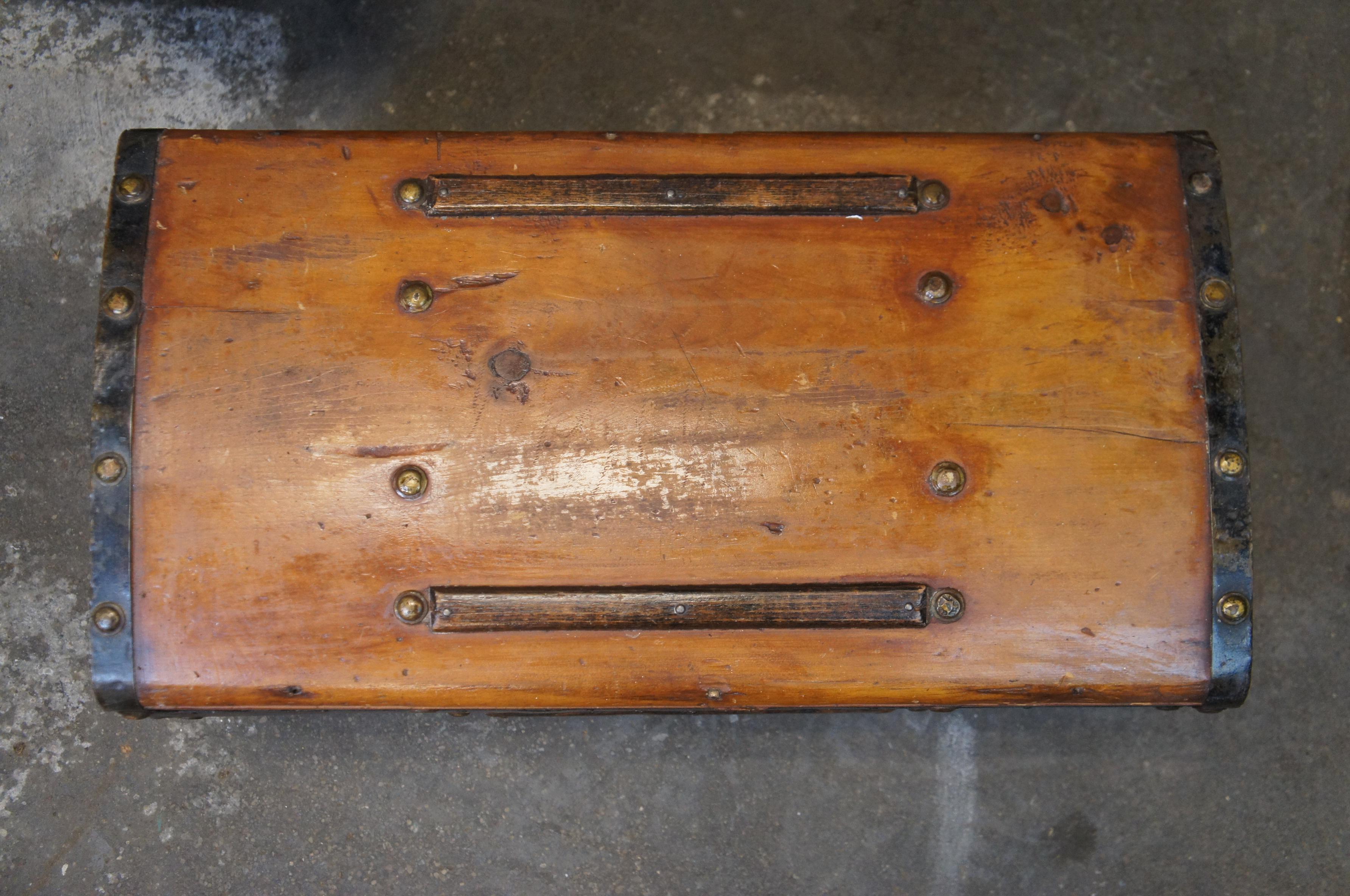 19th Century Antique Primitive Pine Iron Banded Studded Dome Top Storage Trunk Chest 26
