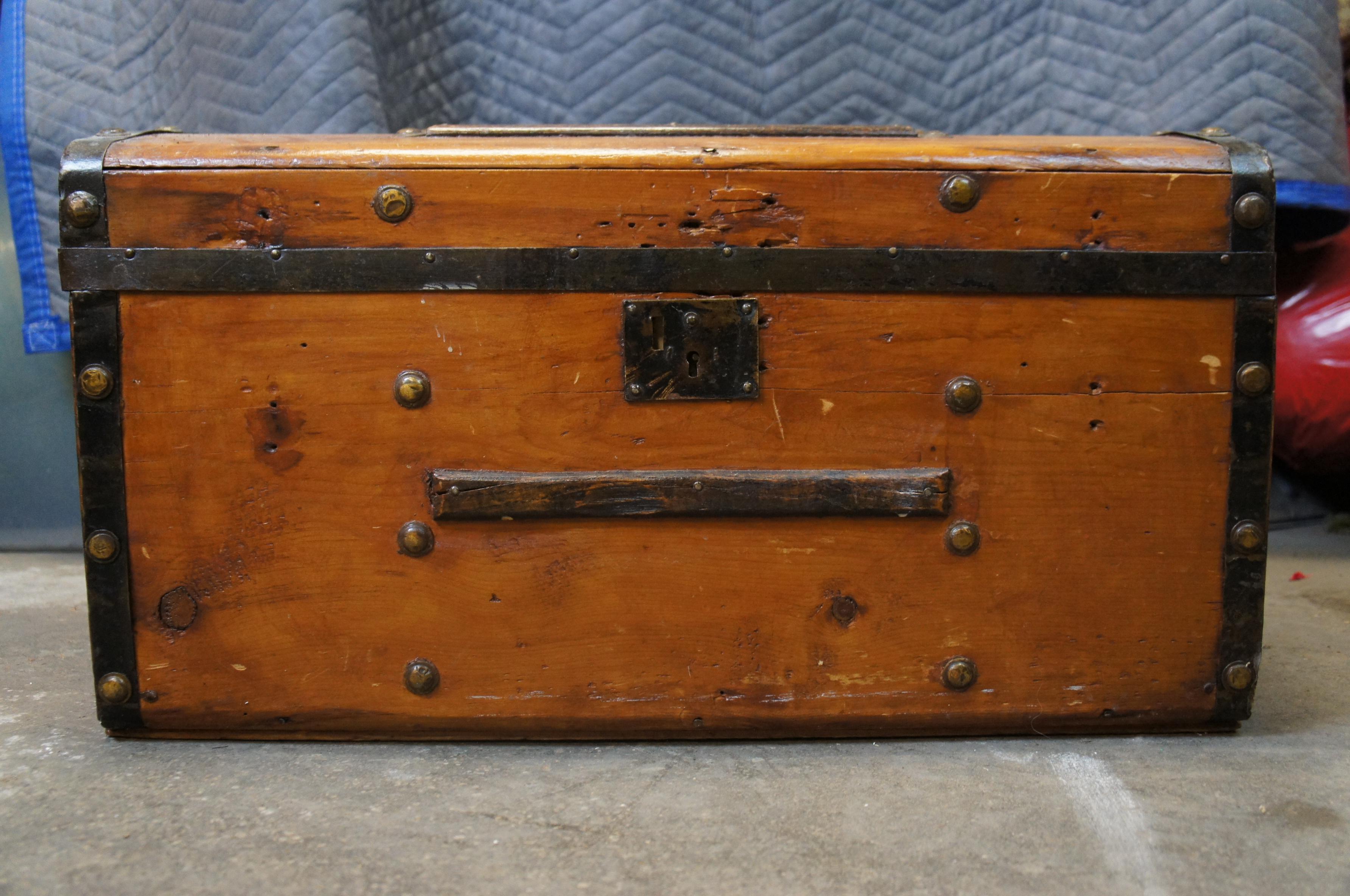 Antique Primitive Pine Iron Banded Studded Dome Top Storage Trunk Chest 26