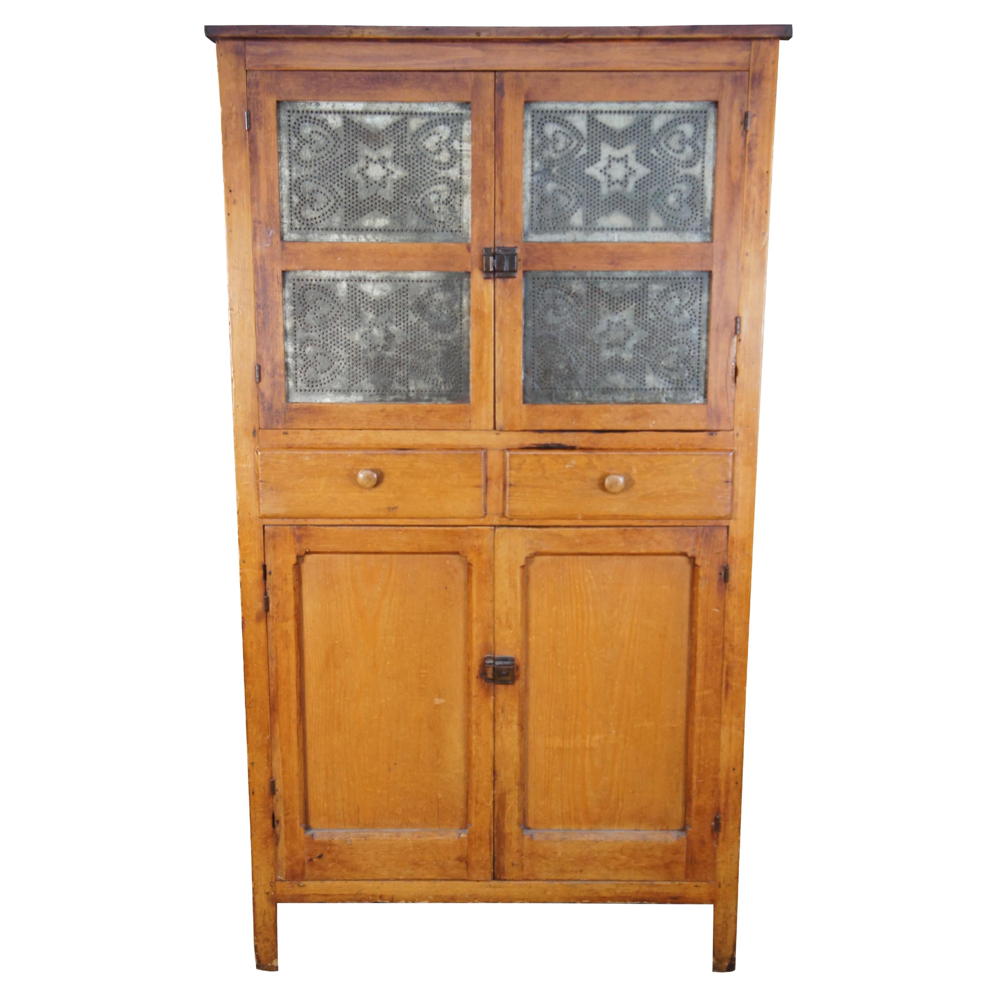 Antique Primitive Pine Punched Tin Country Pie Safe Cabinet Cupboard 73" For Sale