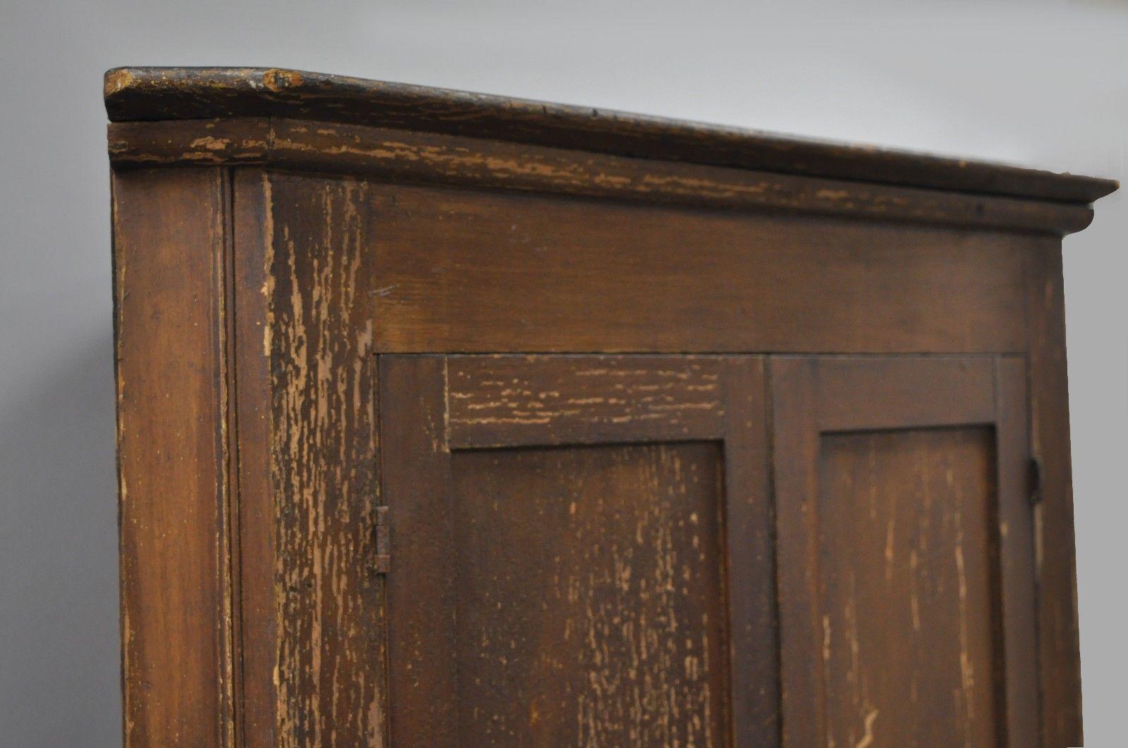 Antique Primitive Rustic Brown Distressed Painted Corner Cupboard Cabinet 1
