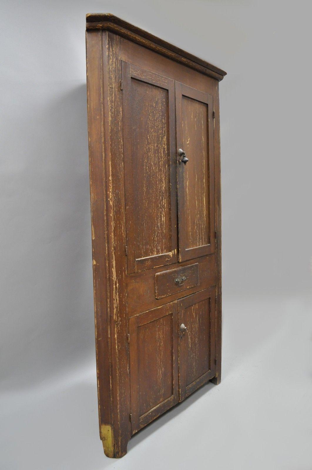 Antique Primitive Rustic Brown Distressed Painted Corner Cupboard Cabinet 2