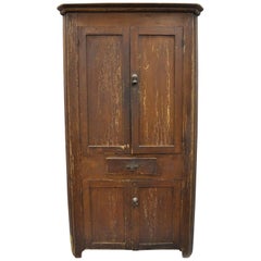 Antique Primitive Rustic Brown Distressed Painted Corner Cupboard Cabinet