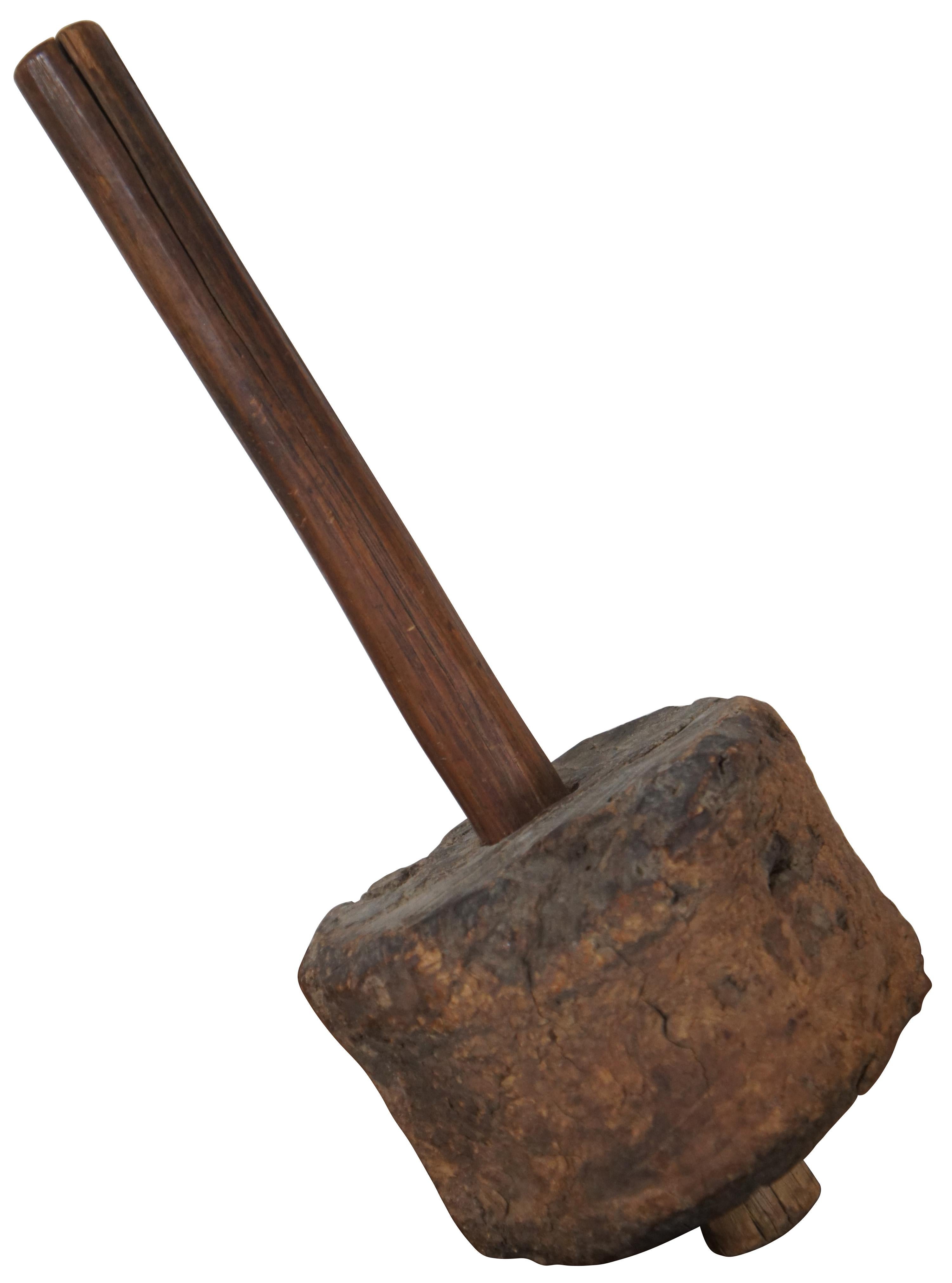 Antique hand crafted primitive / rustic wooden mallet with heavily distressed round burl wood head and handle. Measure: 14