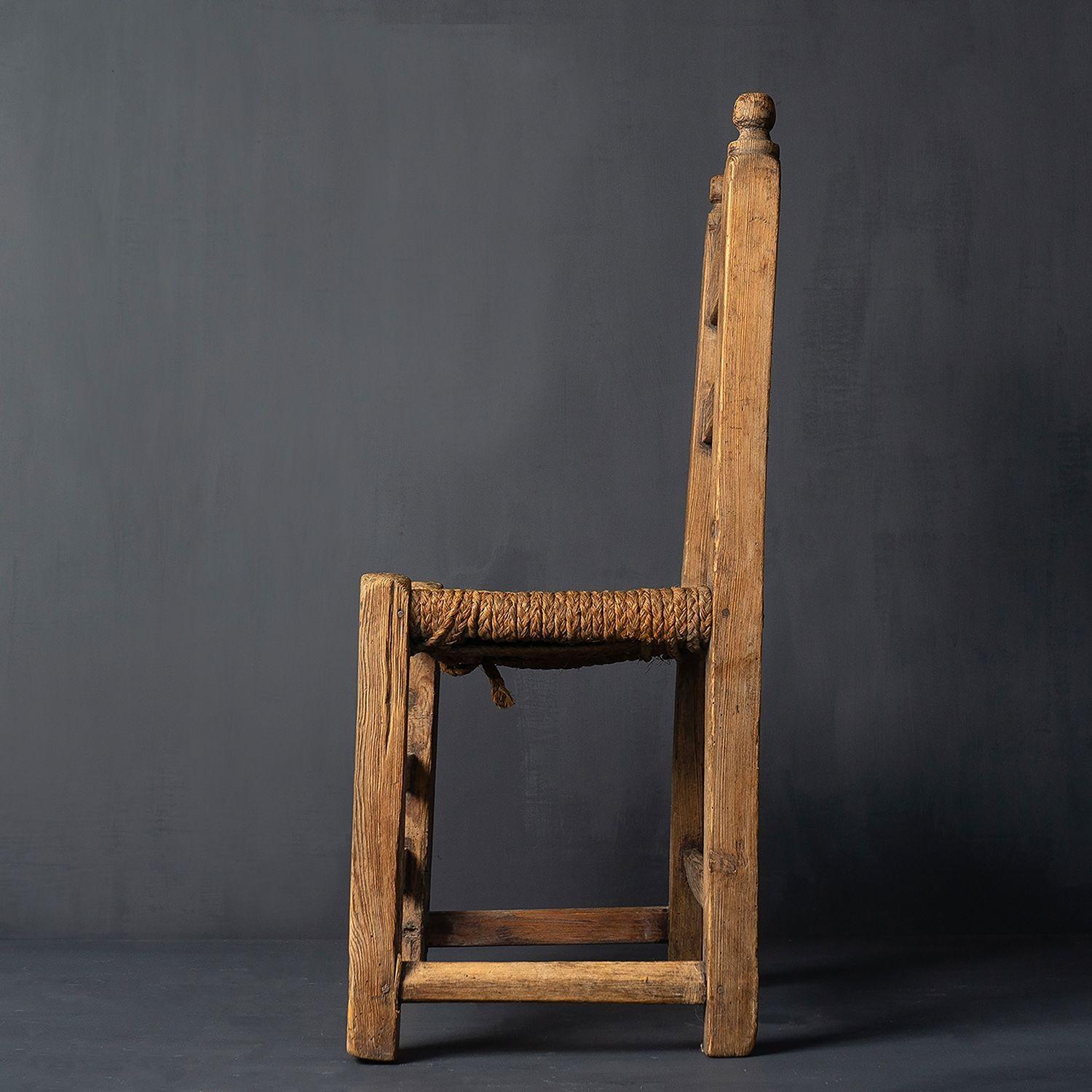 Antique Primitive Rustic Carved Spanish Rush  Seat Chair  4