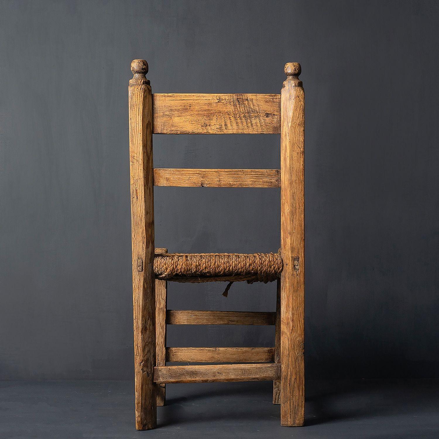 Antique Primitive Rustic Carved Spanish Rush  Seat Chair  5
