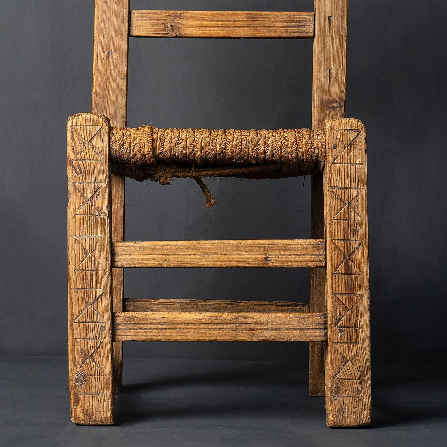 Hand-Carved Antique Primitive Rustic Carved Spanish Rush  Seat Chair 