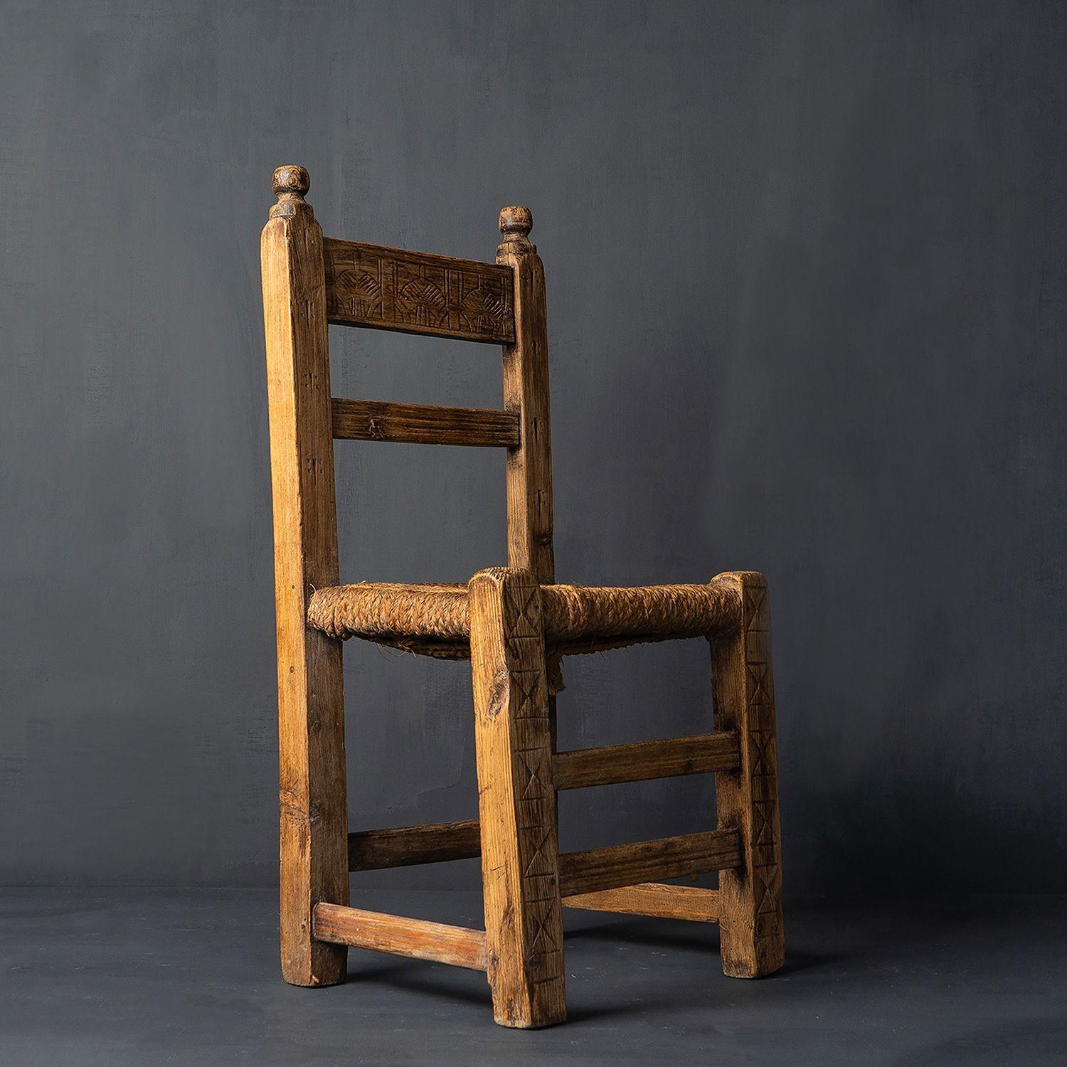 19th Century Antique Primitive Rustic Carved Spanish Rush  Seat Chair 