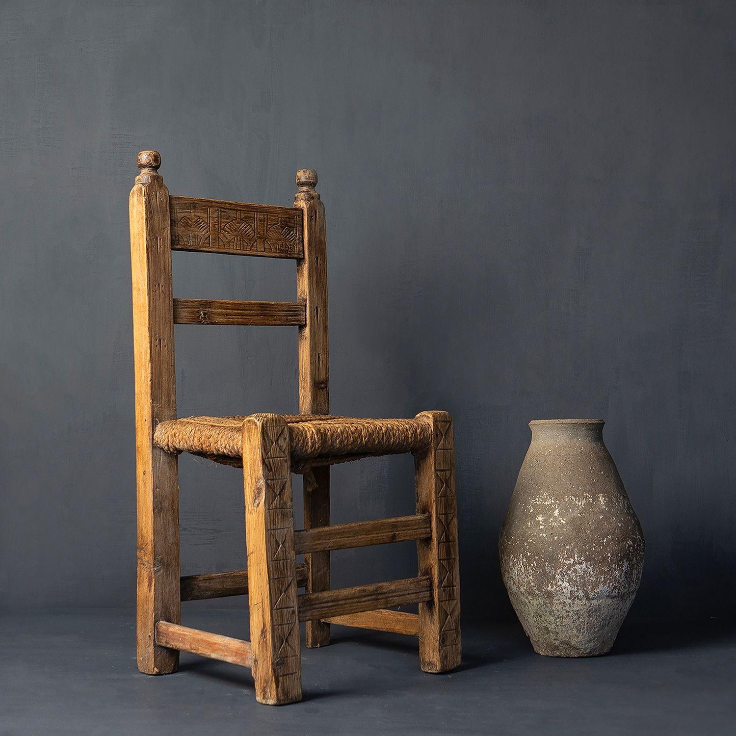 Antique Primitive Rustic Carved Spanish Rush  Seat Chair  1