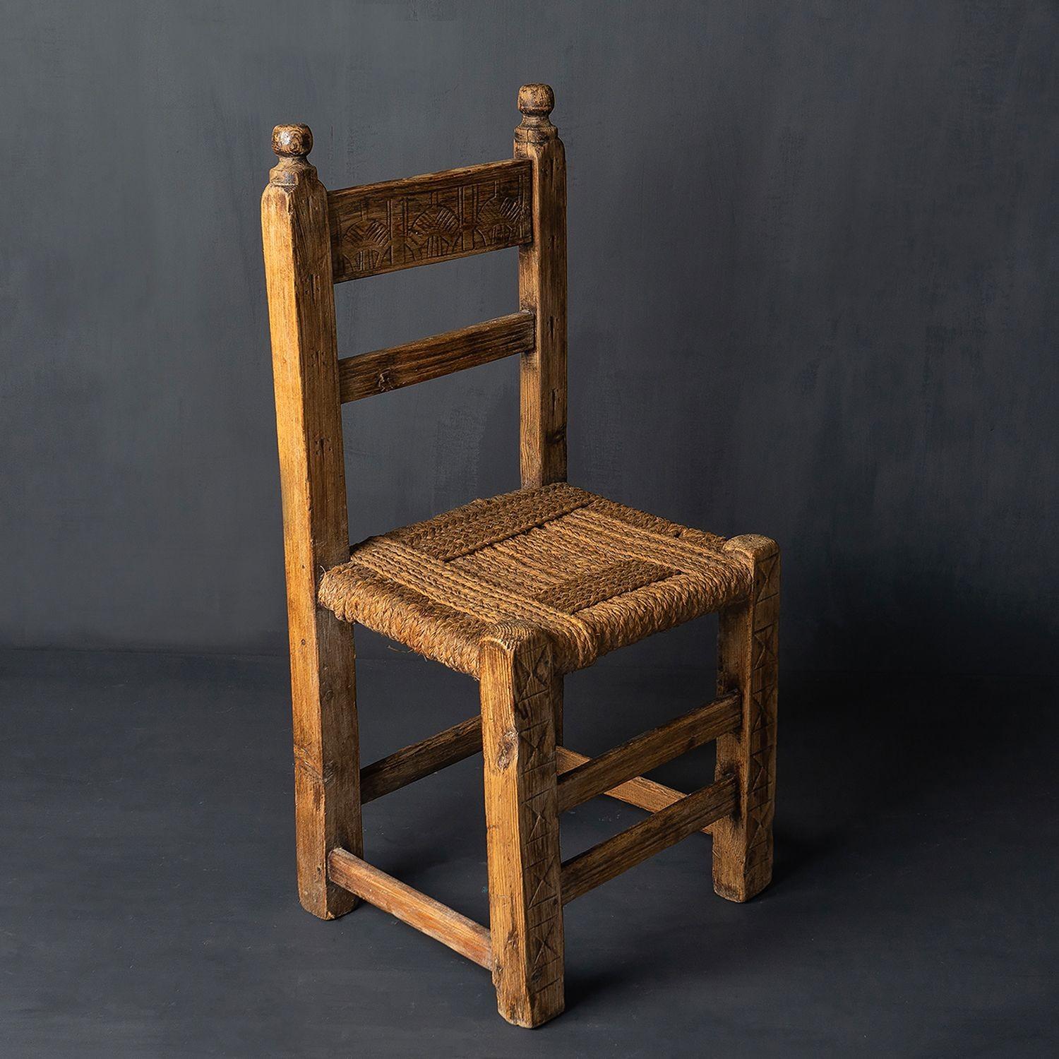 Antique Primitive Rustic Carved Spanish Rush  Seat Chair  2