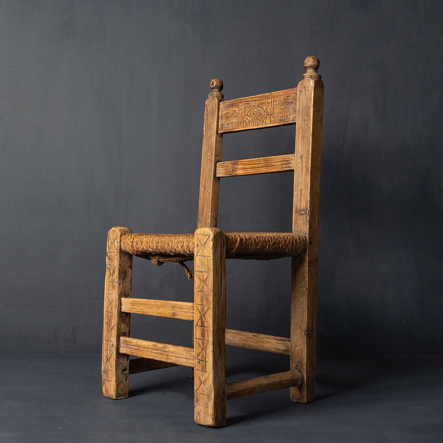 Antique Primitive Rustic Carved Spanish Rush  Seat Chair  3