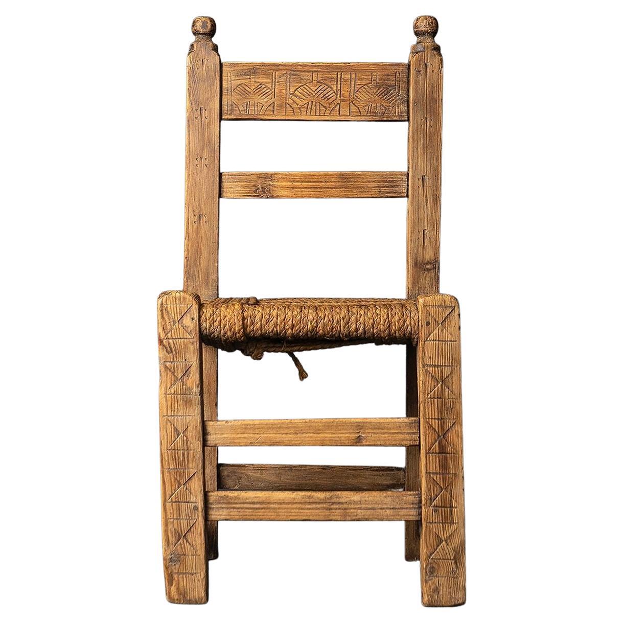 Antique Primitive Rustic Carved Spanish Rush  Seat Chair 
