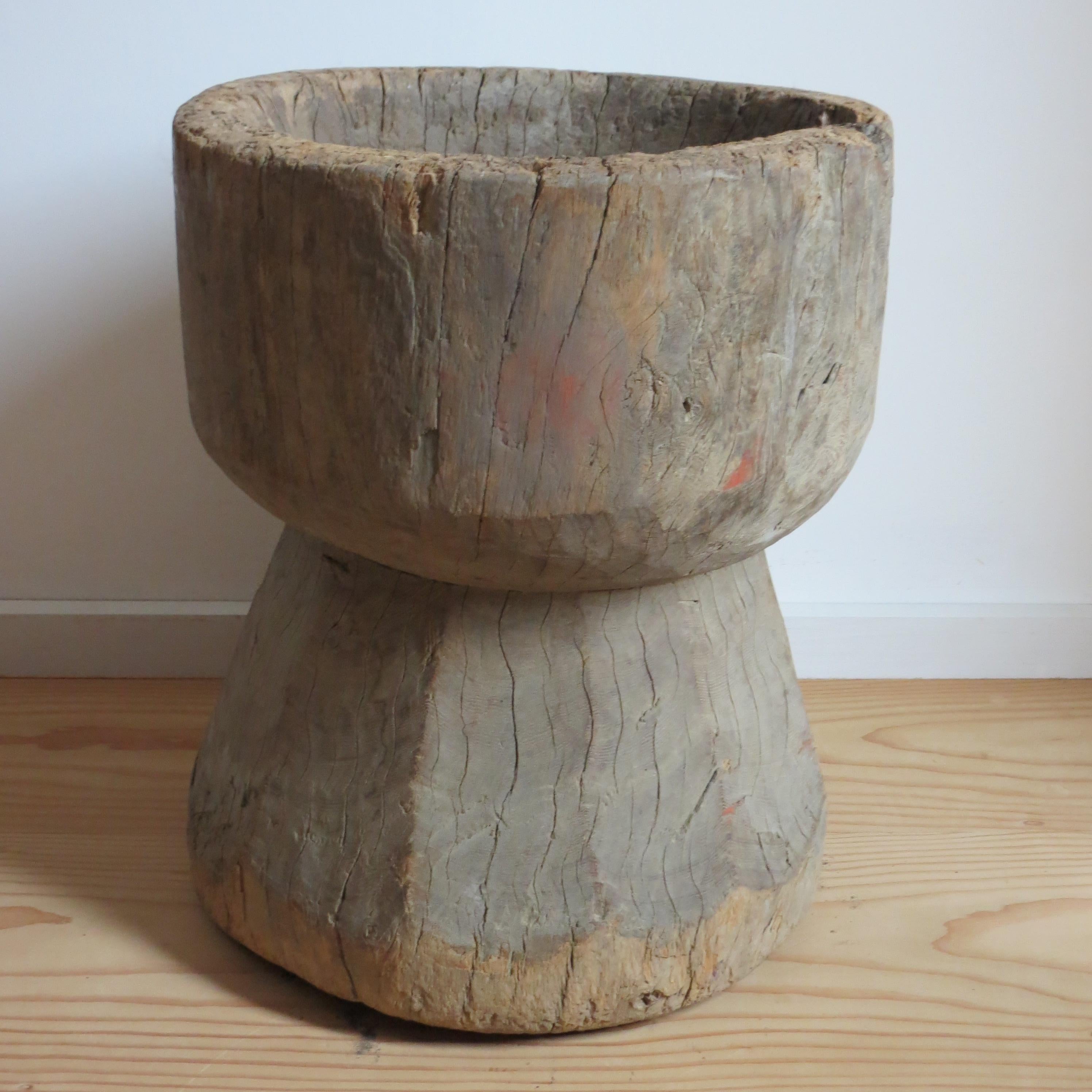 20th Century Antique Primitive Rustic Large Mortar wooden chunky table or Stool African For Sale