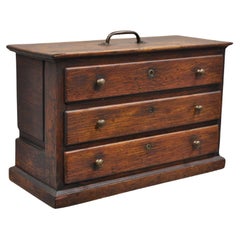 Antique Primitive Rustic Oak Wood 3 Drawer Tool Box Storage Chest with Handle