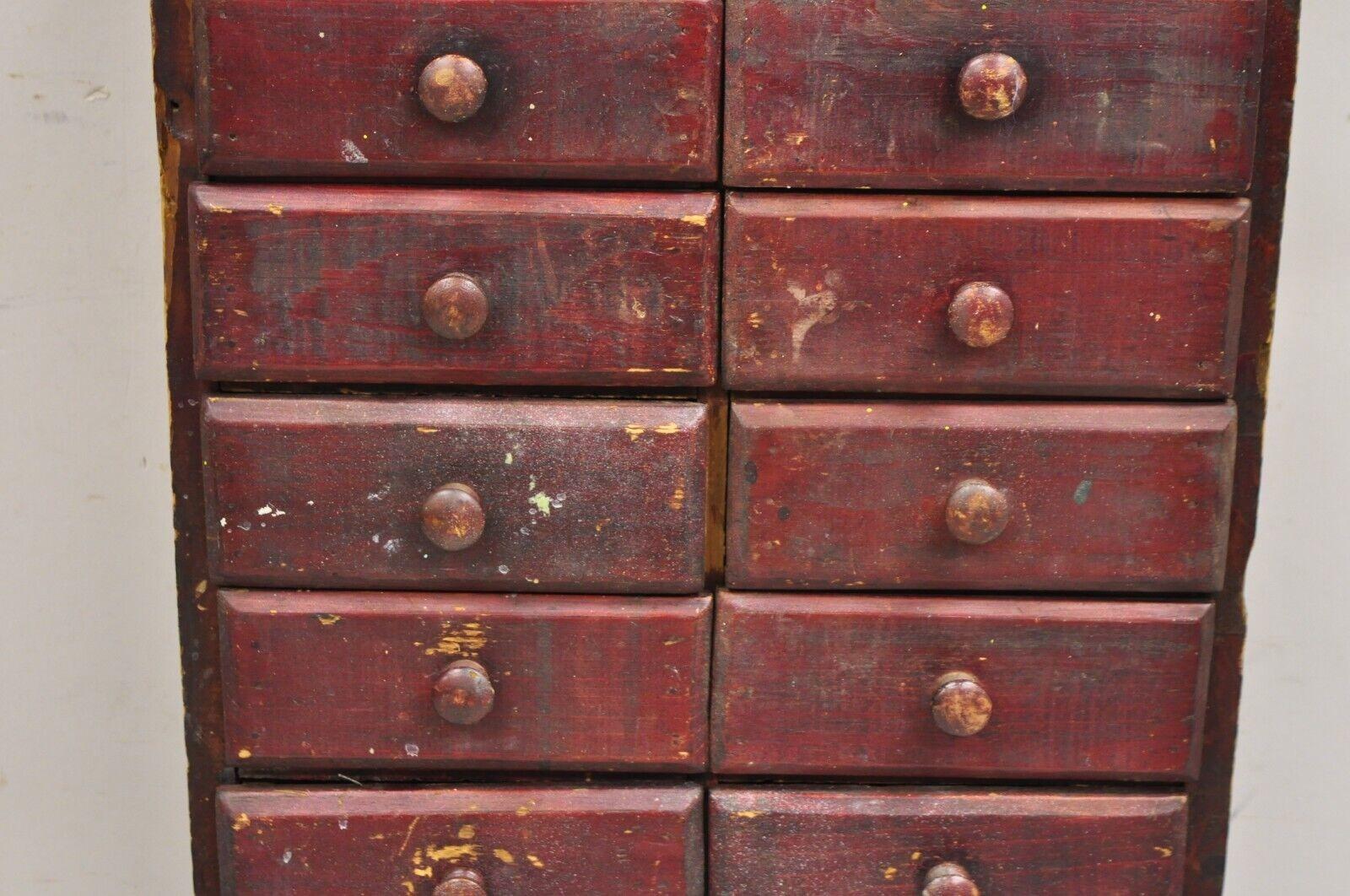 Antique Primitive Rustic Red Distress Paint Narrow Watchmakers Cabinet 22 Drawer 6