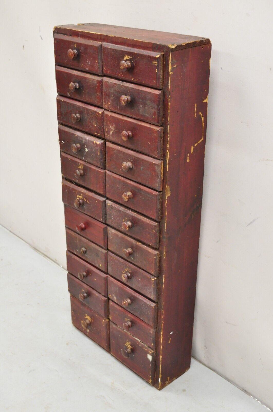 Antique Primitive Rustic Red Distress Paint Narrow Watchmakers Cabinet 22 Drawer 7
